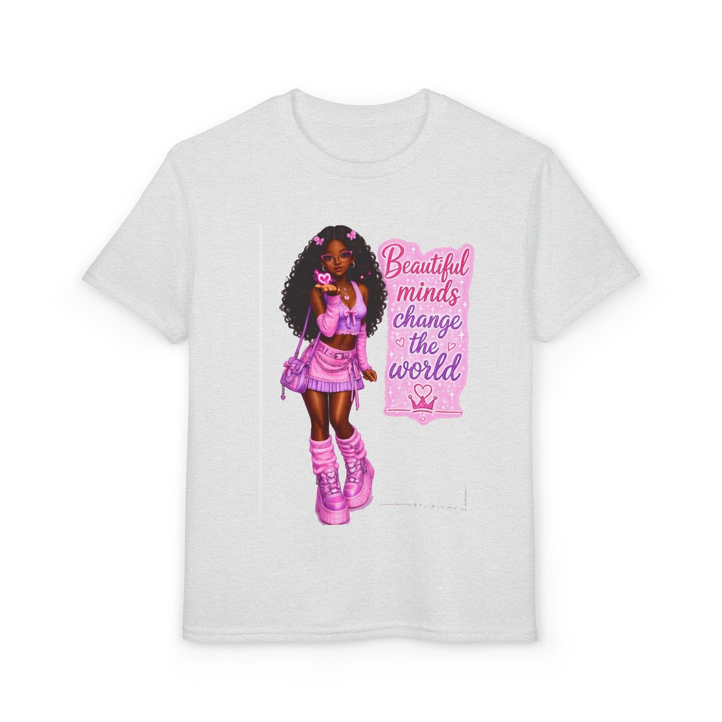 Youth T-Shirt — "Beautiful Minds Change the World" Pink Afro Girl Empowerment Tee