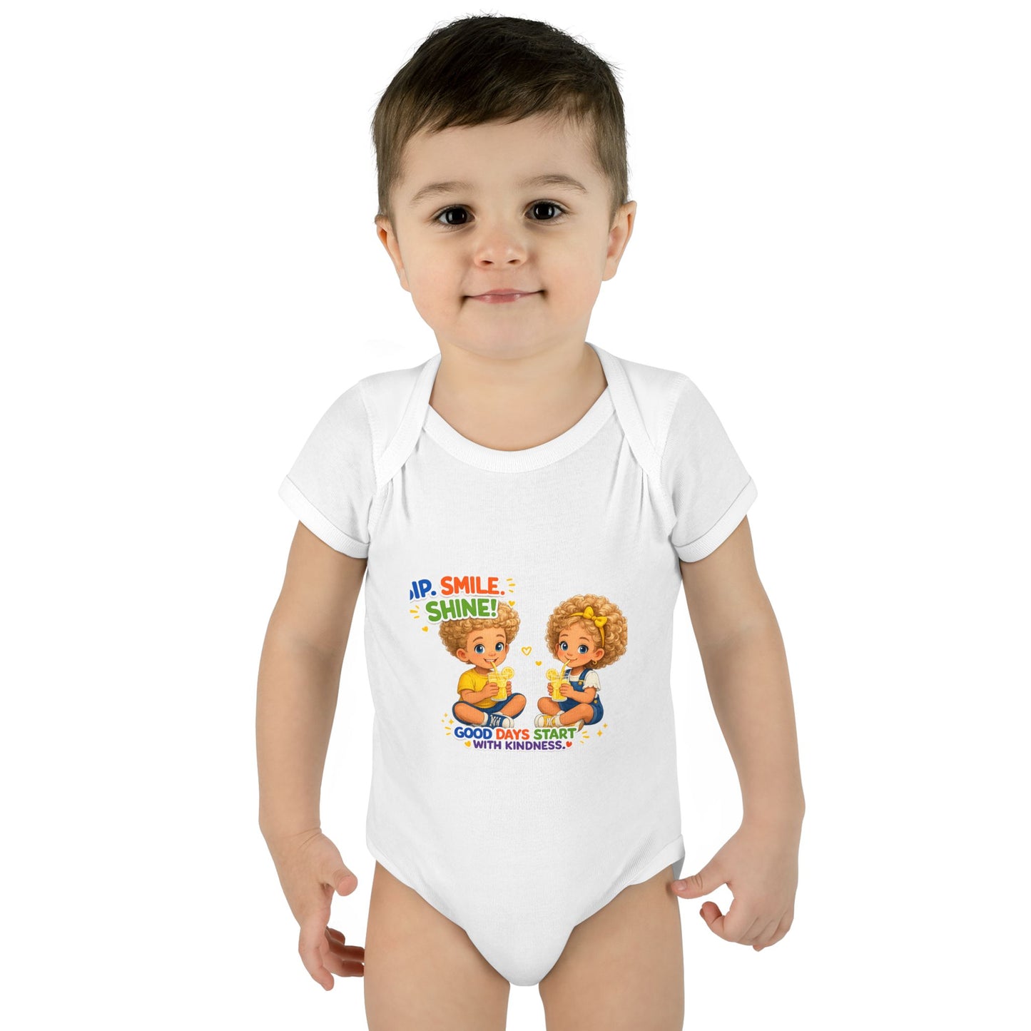 Infant Bodysuit "Rise, Smile, Shine!" Cute Kids Graphic Onesie — "Good Days Start with Kindness"