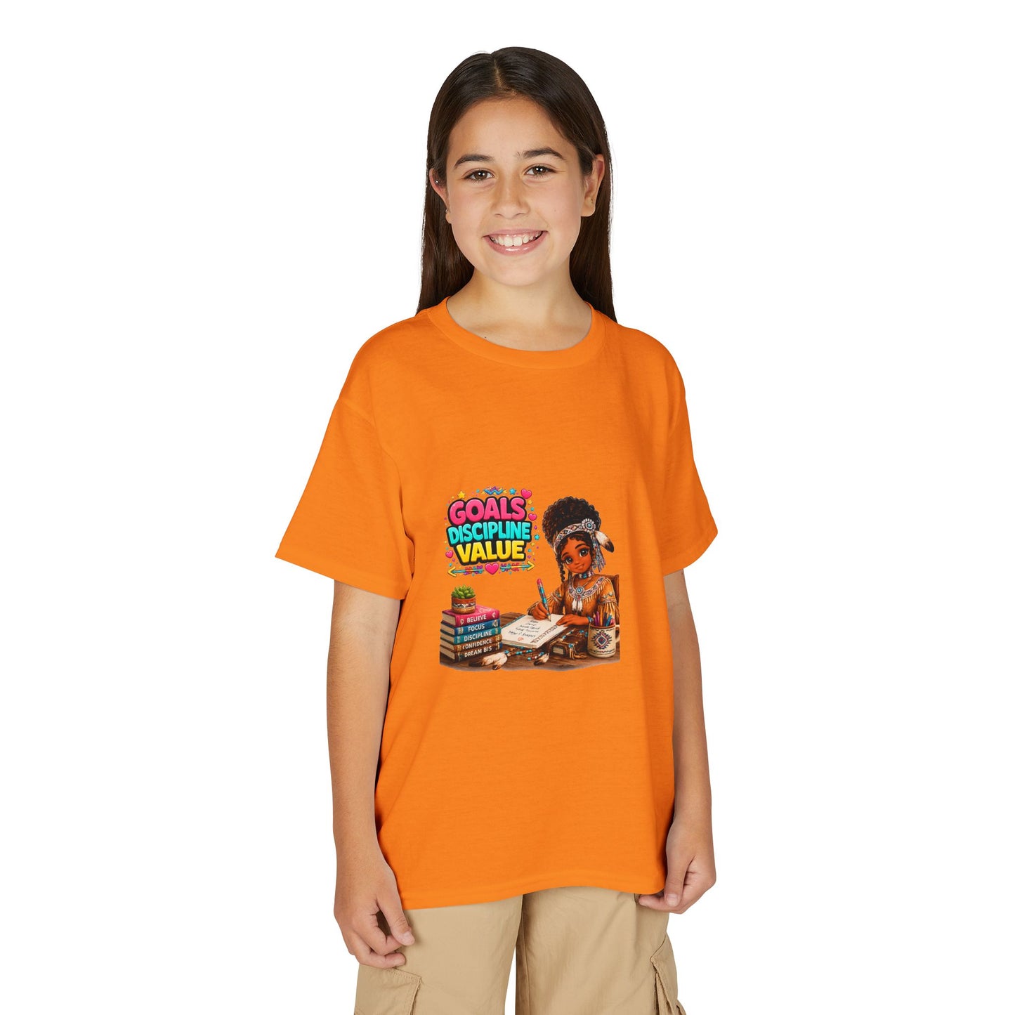 Youth T-Shirt — "Goals, Discipline, Value" Black Girl Studying Design