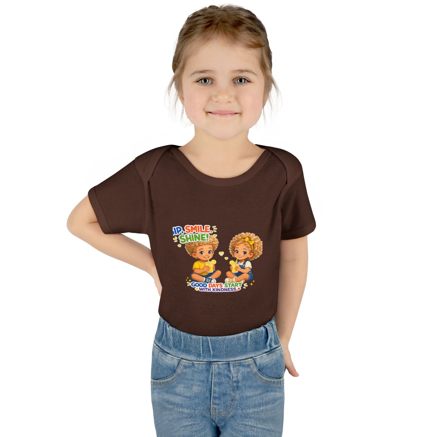 Infant Bodysuit "Rise, Smile, Shine!" Cute Kids Graphic Onesie — "Good Days Start with Kindness"