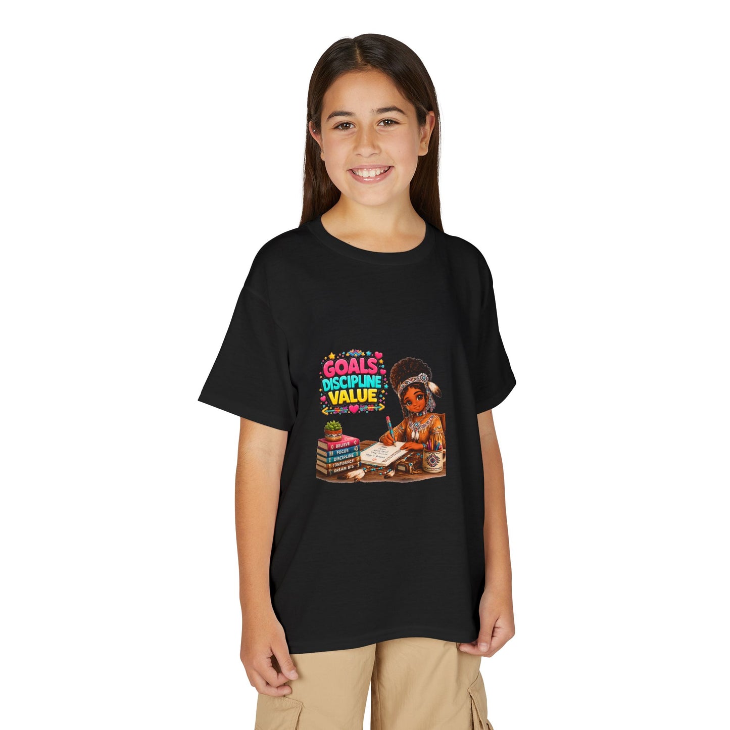 Youth T-Shirt — "Goals, Discipline, Value" Black Girl Studying Design