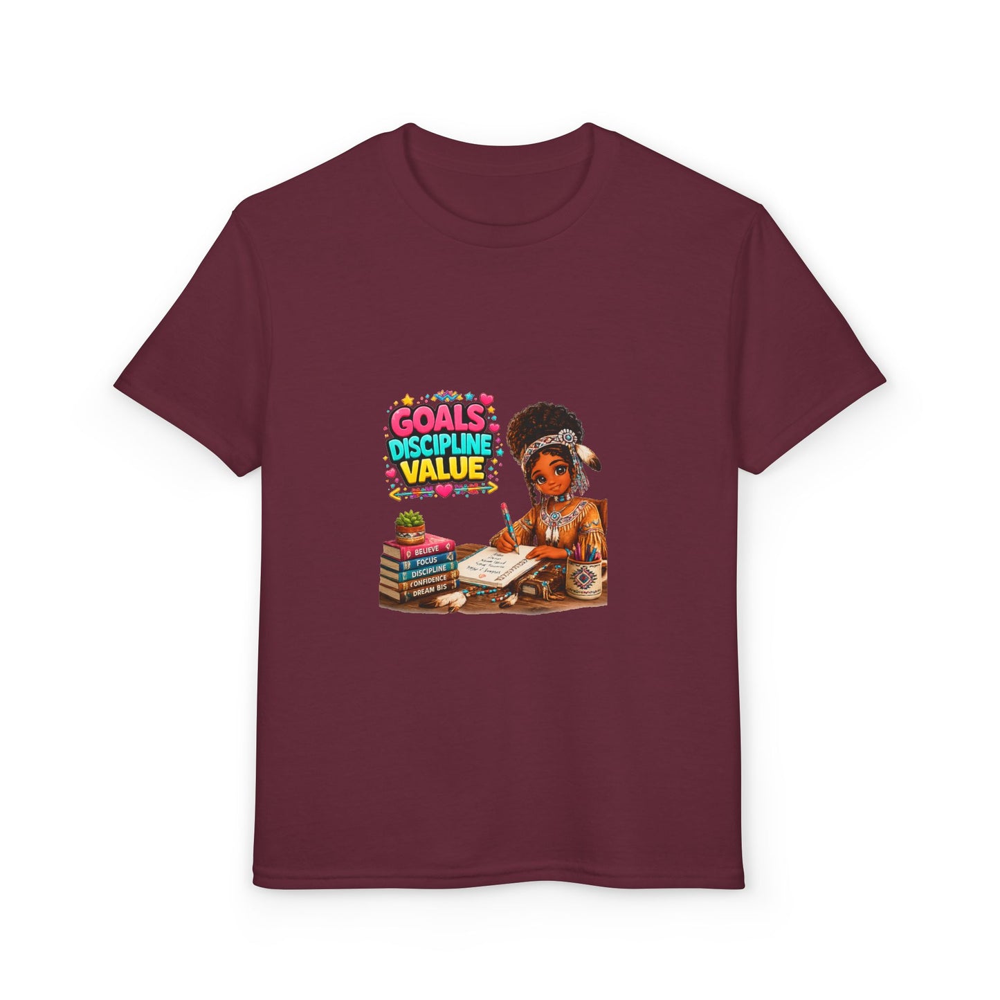 Youth T-Shirt — "Goals, Discipline, Value" Black Girl Studying Design