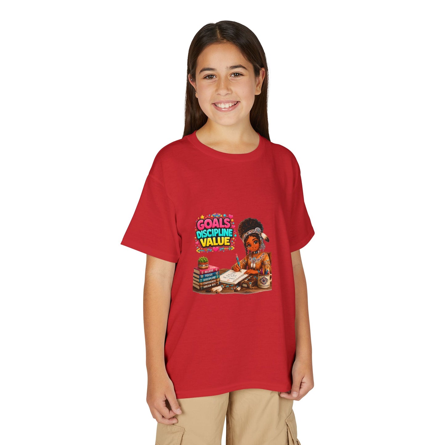 Youth T-Shirt — "Goals, Discipline, Value" Black Girl Studying Design