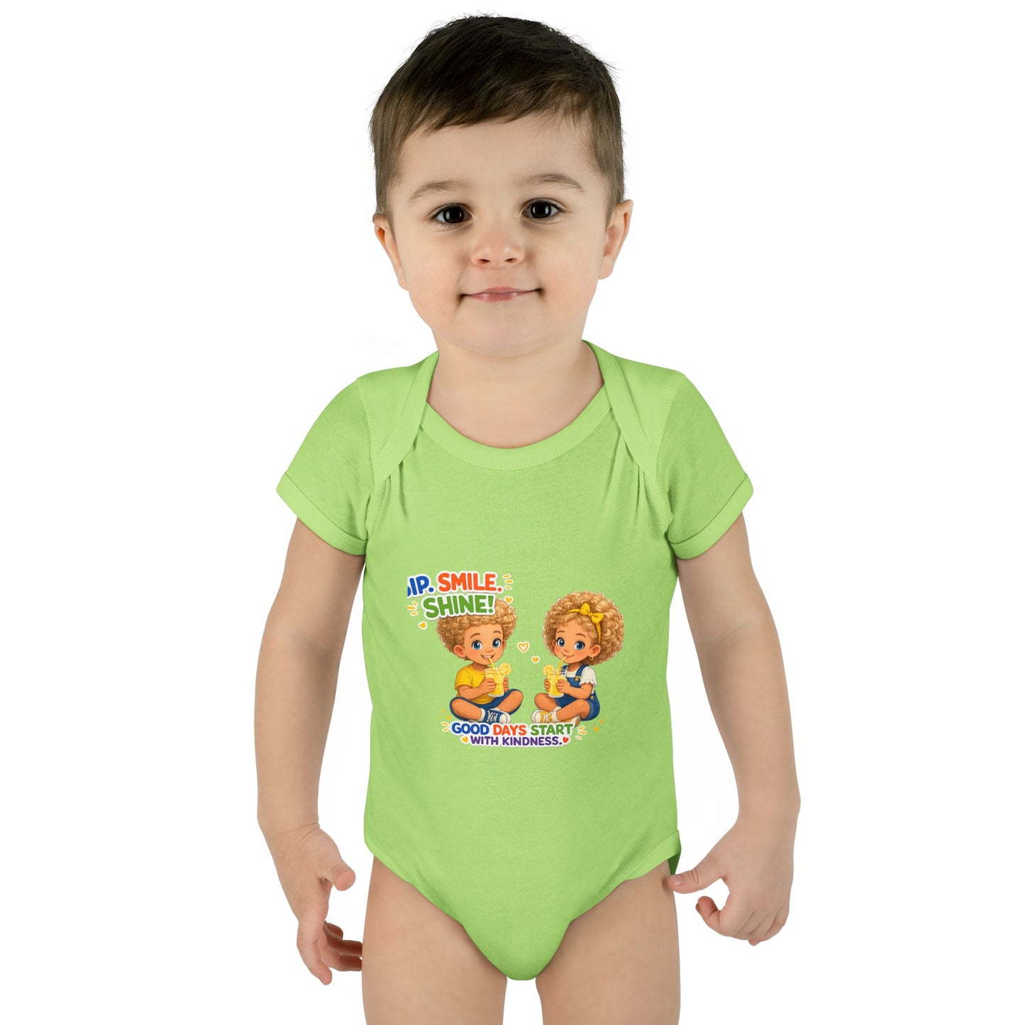 Infant Bodysuit "Rise, Smile, Shine!" Cute Kids Graphic Onesie — "Good Days Start with Kindness"