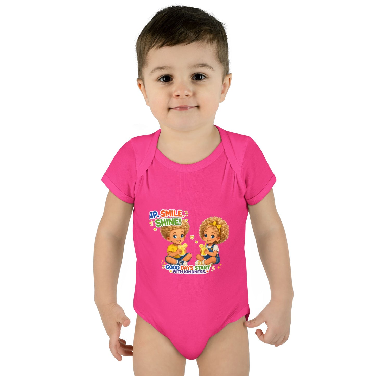 Infant Bodysuit "Rise, Smile, Shine!" Cute Kids Graphic Onesie — "Good Days Start with Kindness"