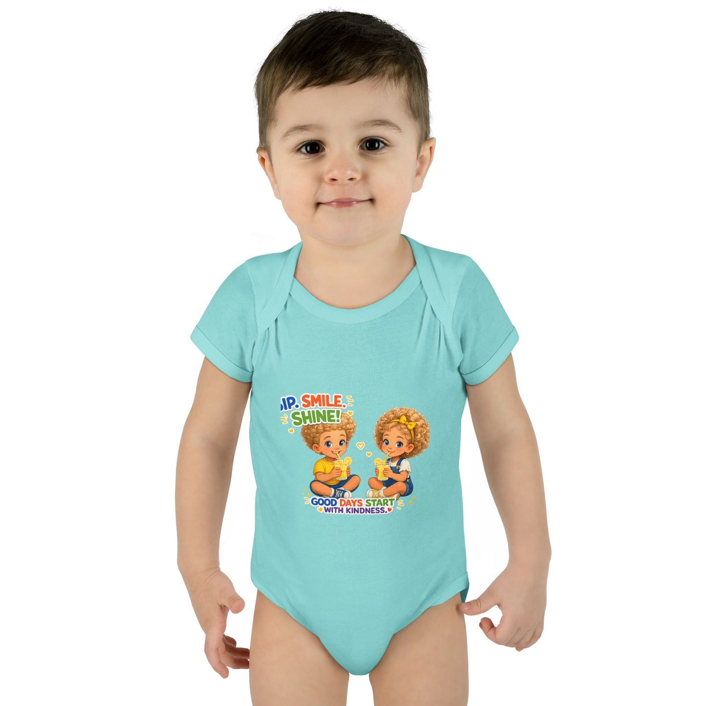 Infant Bodysuit "Rise, Smile, Shine!" Cute Kids Graphic Onesie — "Good Days Start with Kindness"