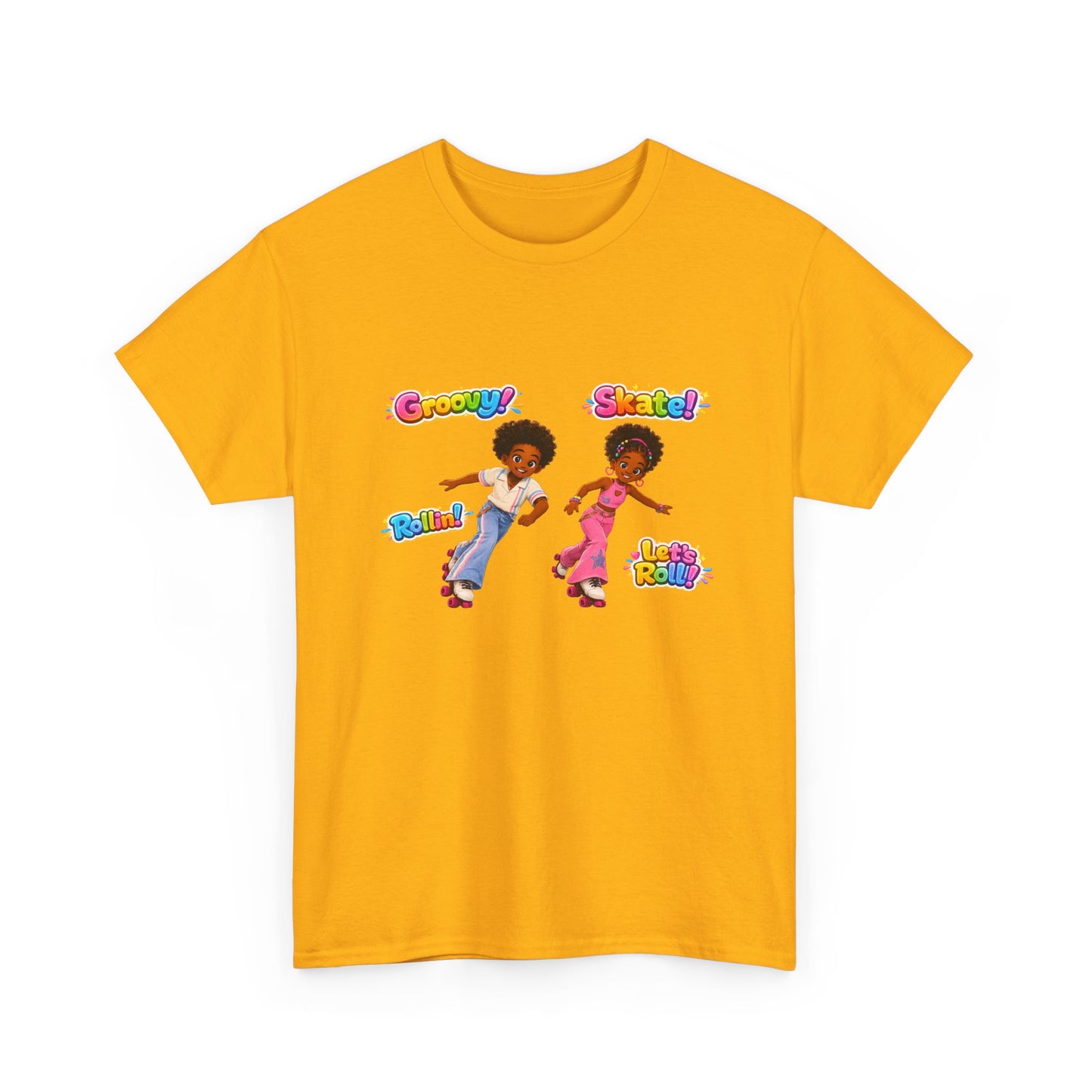 Roller Dance Kids T-Shirt — 'Groovy! Skate!' Retro Afro Puff Skaters Tee