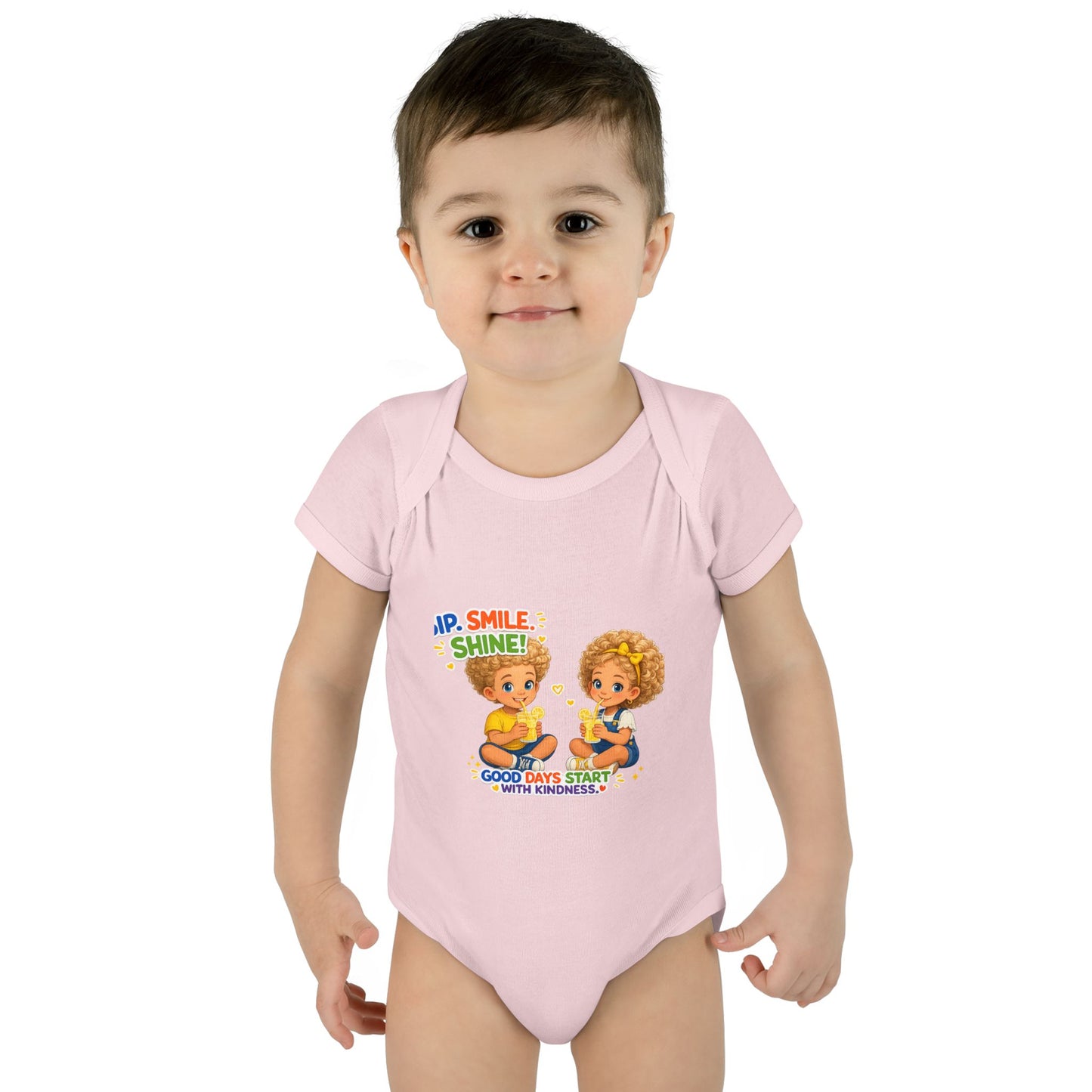 Infant Bodysuit "Rise, Smile, Shine!" Cute Kids Graphic Onesie — "Good Days Start with Kindness"