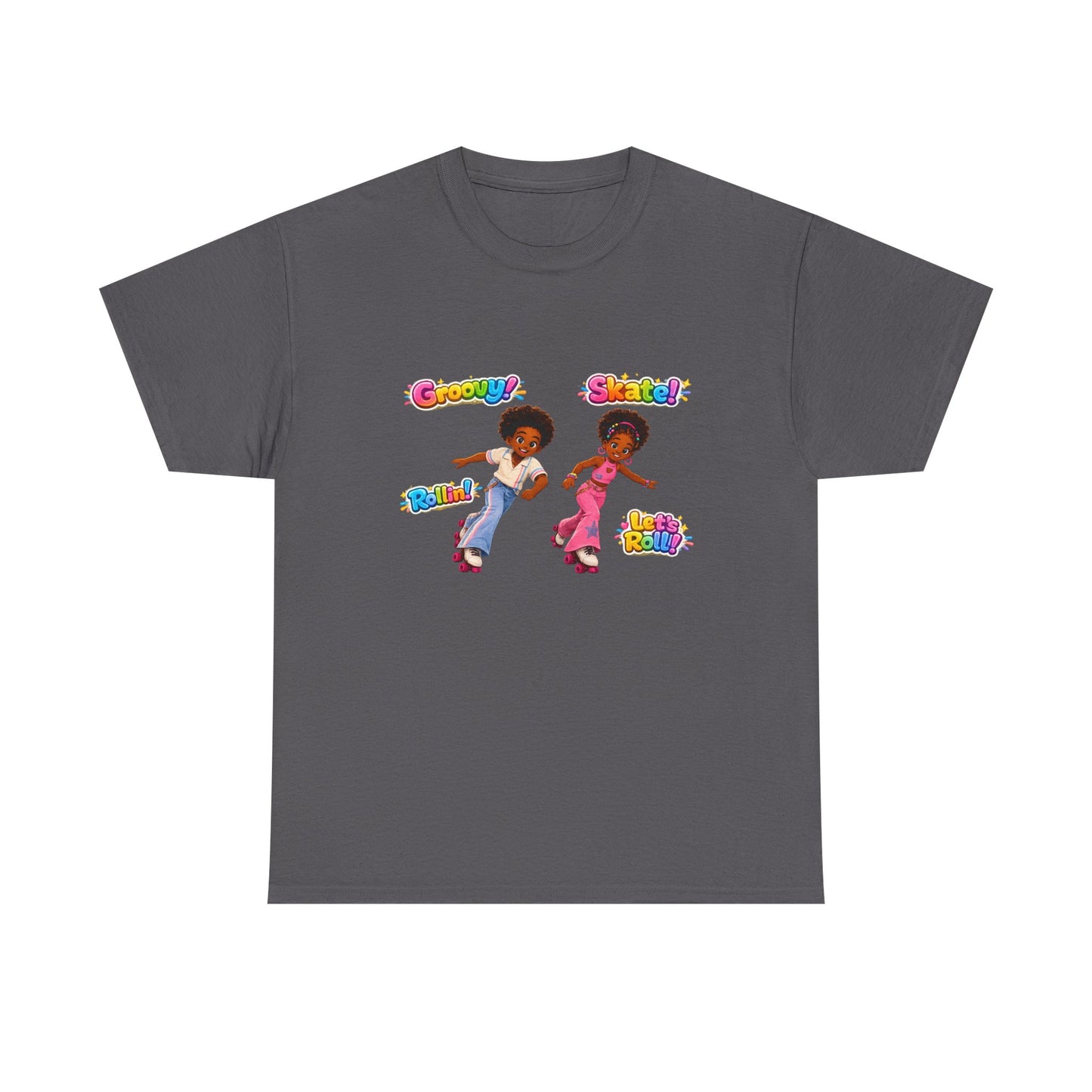 Roller Dance Kids T-Shirt — 'Groovy! Skate!' Retro Afro Puff Skaters Tee