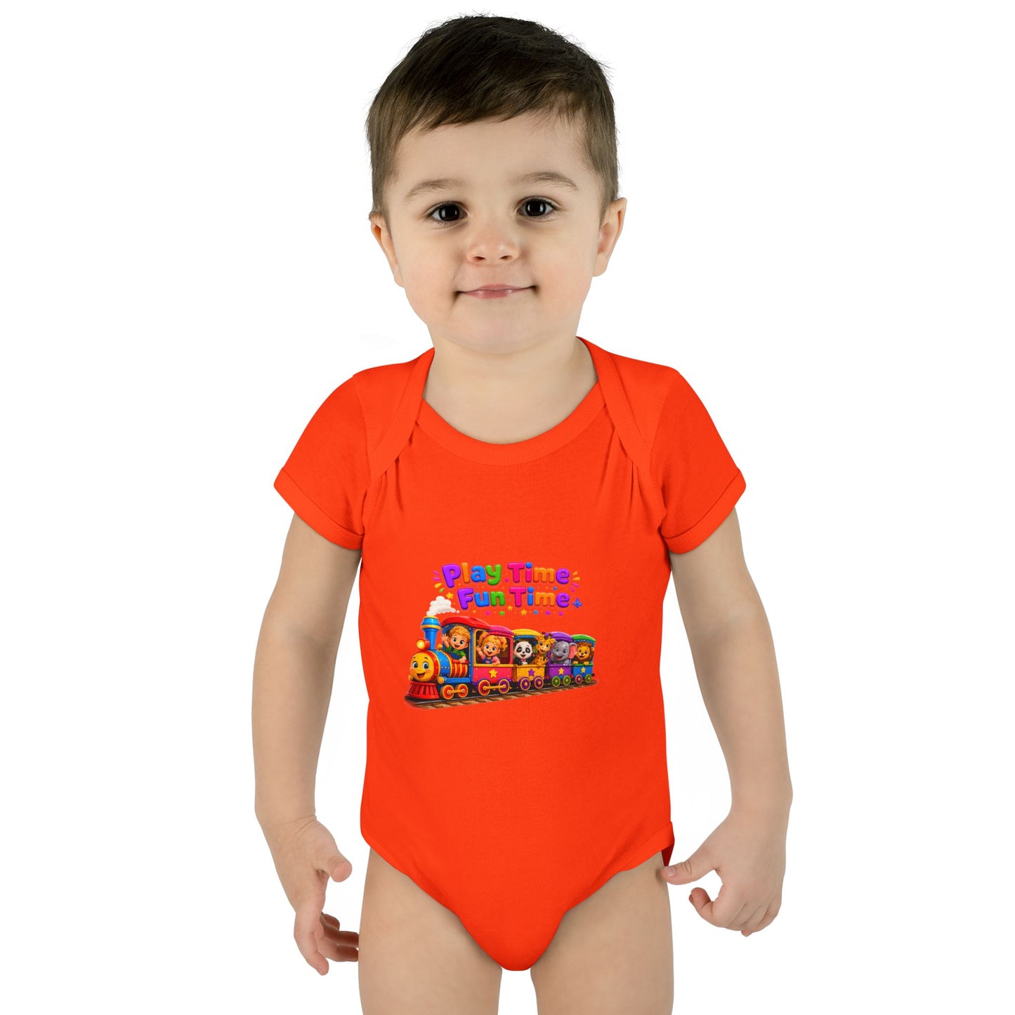 Play Time Fun Time Baby Bodysuit — Colorful Train Infant Onesie