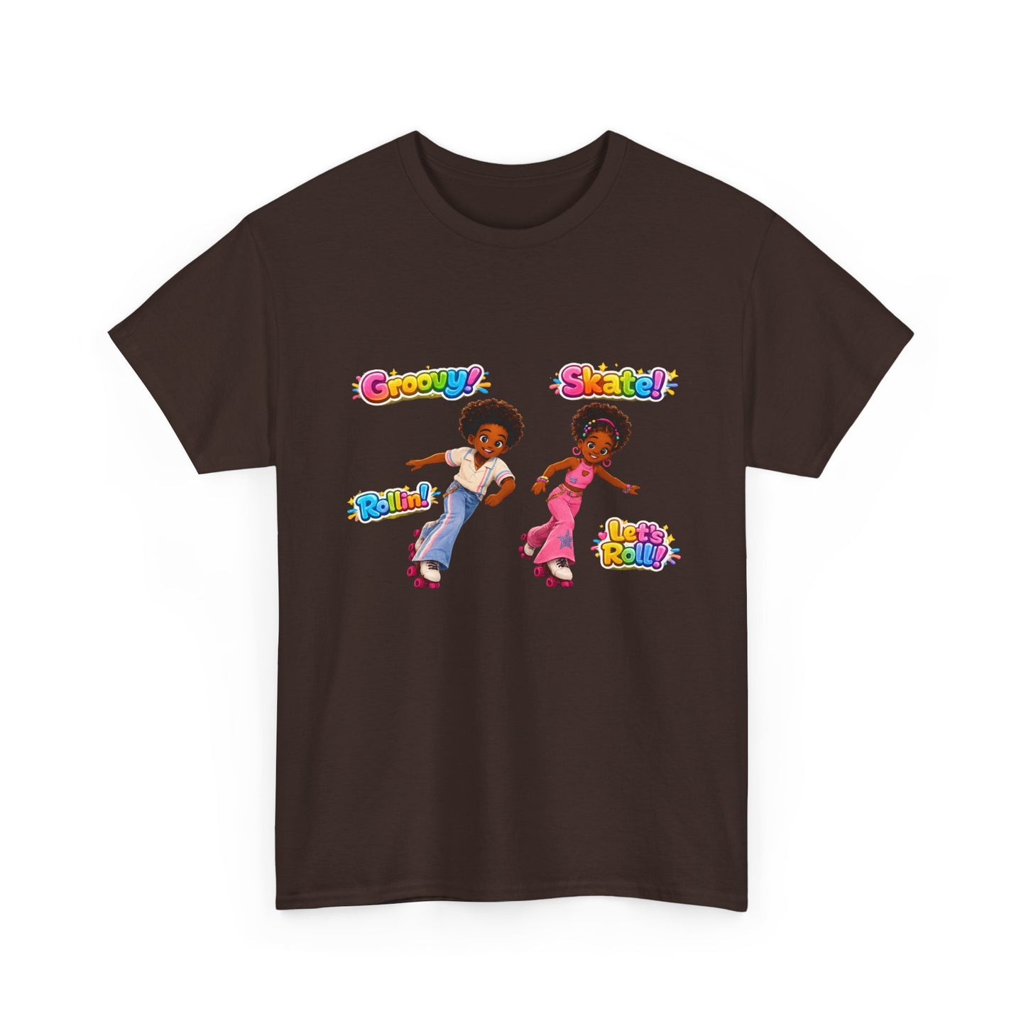 Retro Roller Skating Kids Tee — 'Groovy! Skate!' Colorful 70s-Inspired Shirt