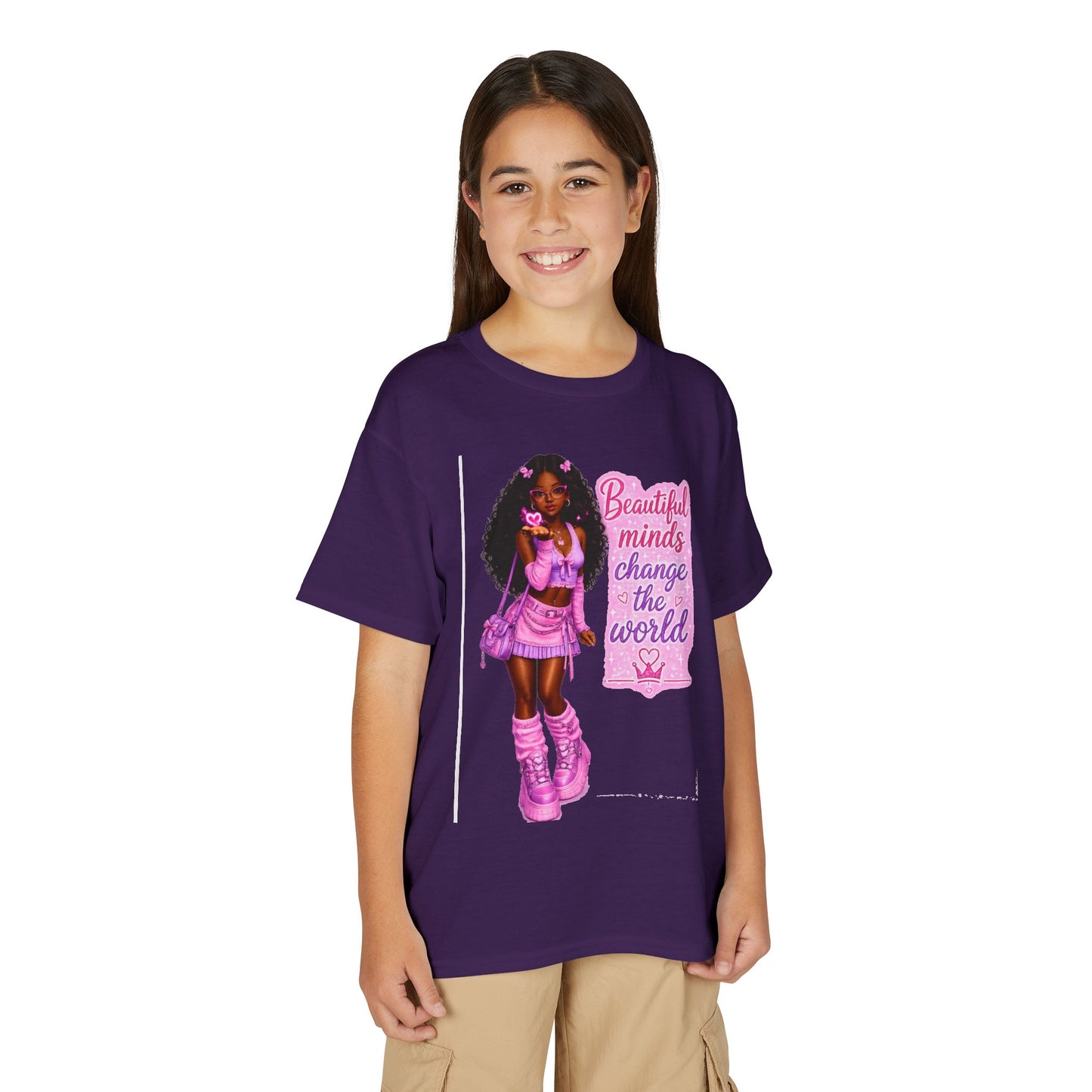 Youth T-Shirt — "Beautiful Minds Change the World" Pink Afro Girl Empowerment Tee