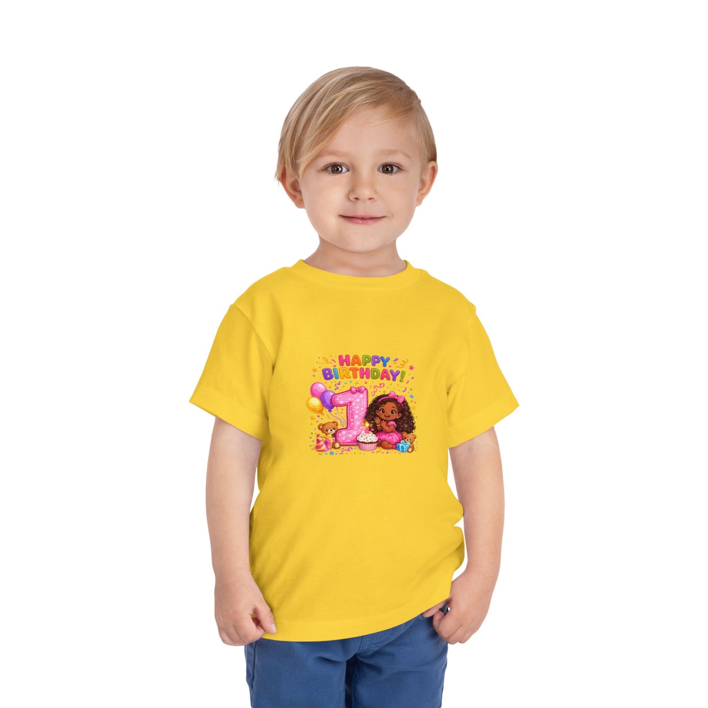 Happy 1st Birthday Toddler Tee — Cute Girl, Balloons & Cake