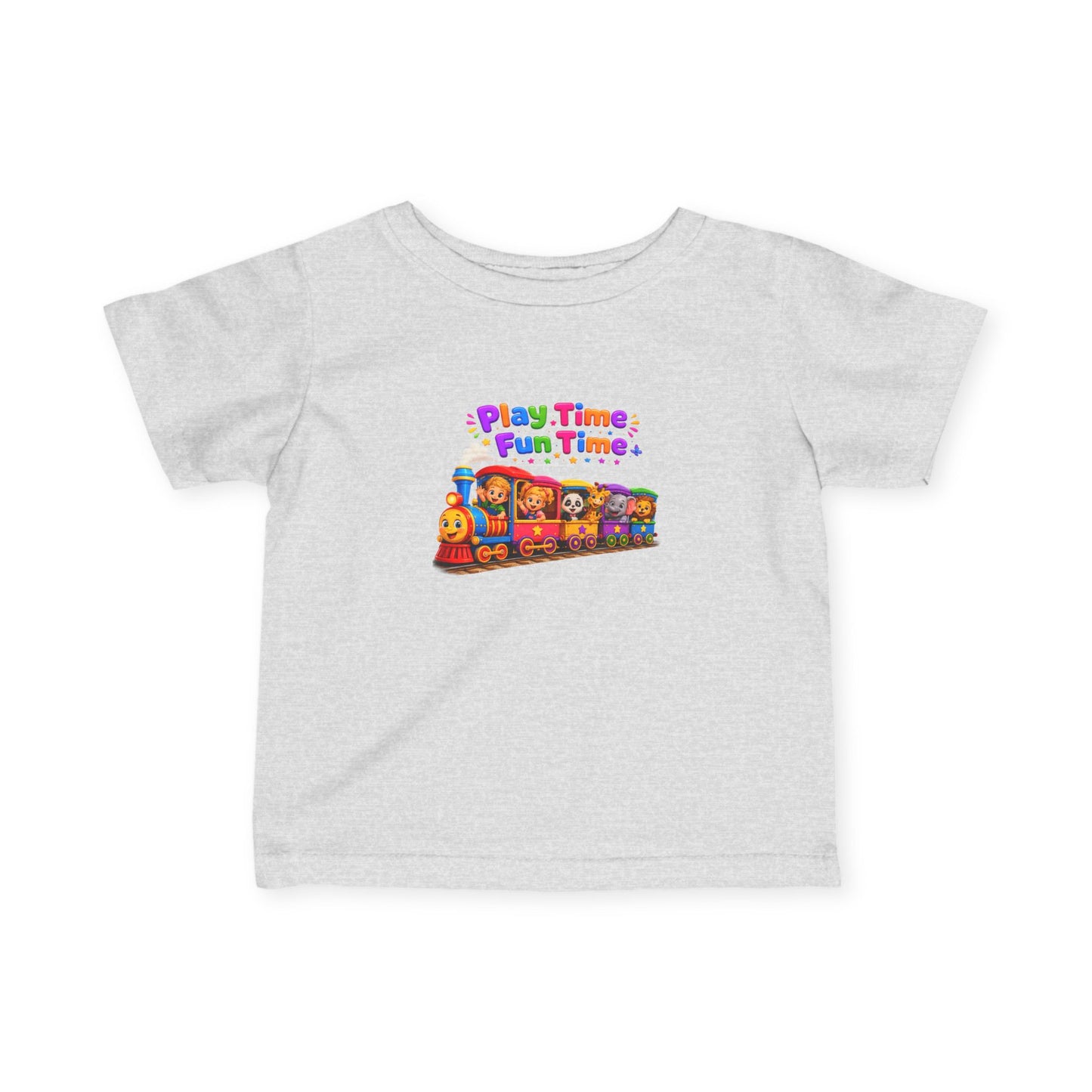 Infant Tee — "Play Time, Fun Time" Colorful Train Baby Shirt