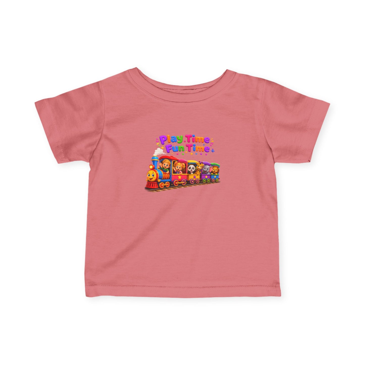 Infant Tee — "Play Time, Fun Time" Colorful Train Baby Shirt