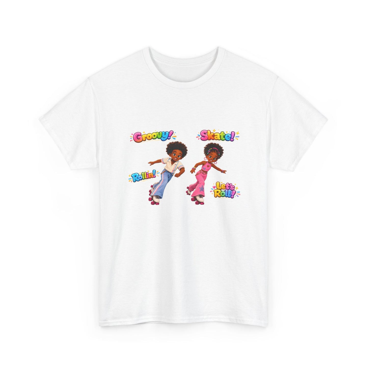 Roller Dance Kids T-Shirt — 'Groovy! Skate!' Retro Afro Puff Skaters Tee