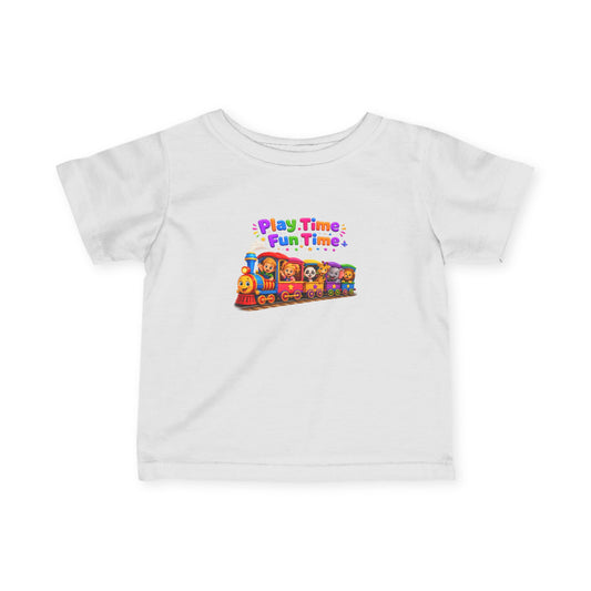 Infant Tee — "Play Time, Fun Time" Colorful Train Baby Shirt