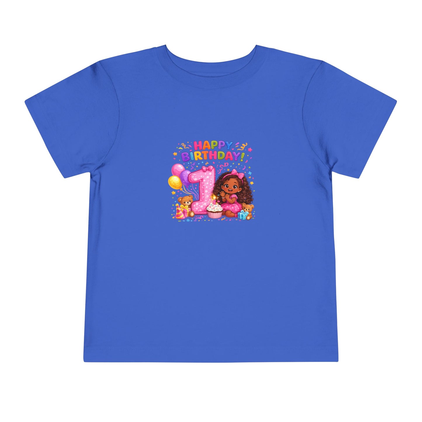 Happy 1st Birthday Toddler Tee — Cute Girl, Balloons & Cake