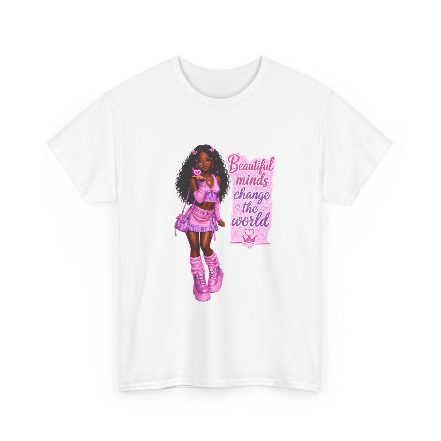 T-Shirt — 'Beautiful Minds Change the World' Pink Afro Girl Graphic