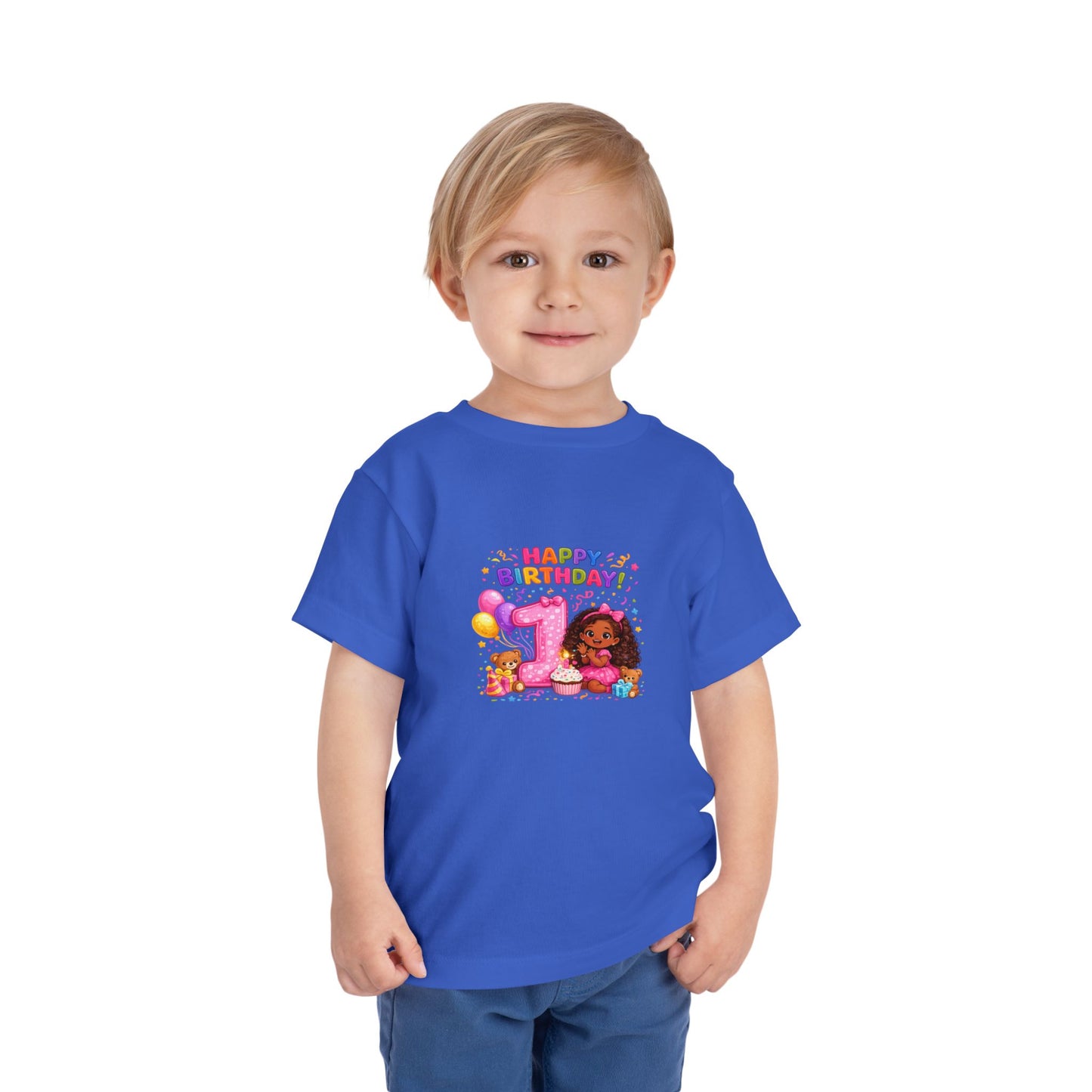 Happy 1st Birthday Toddler Tee — Cute Girl, Balloons & Cake