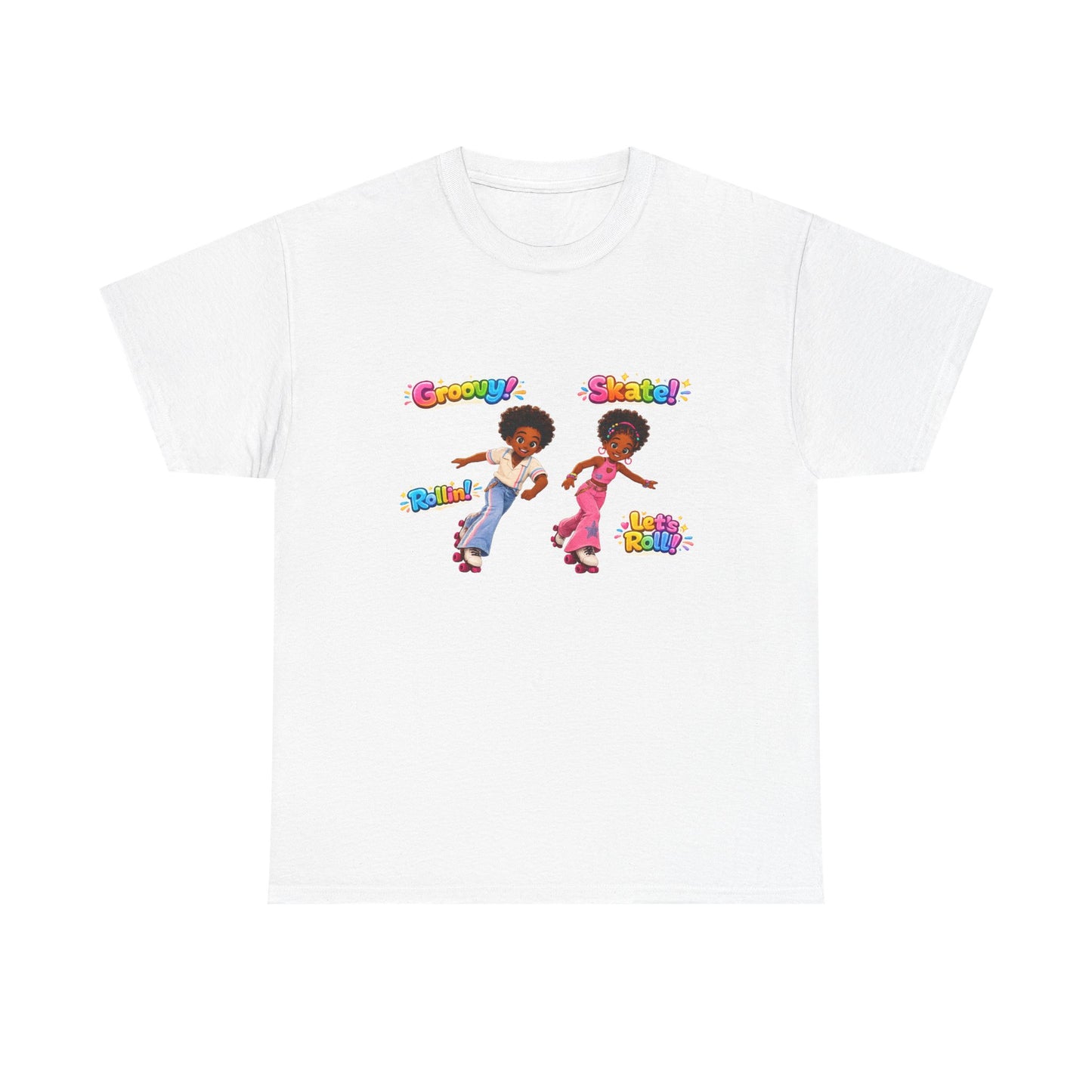 Roller Dance Kids T-Shirt — 'Groovy! Skate!' Retro Afro Puff Skaters Tee