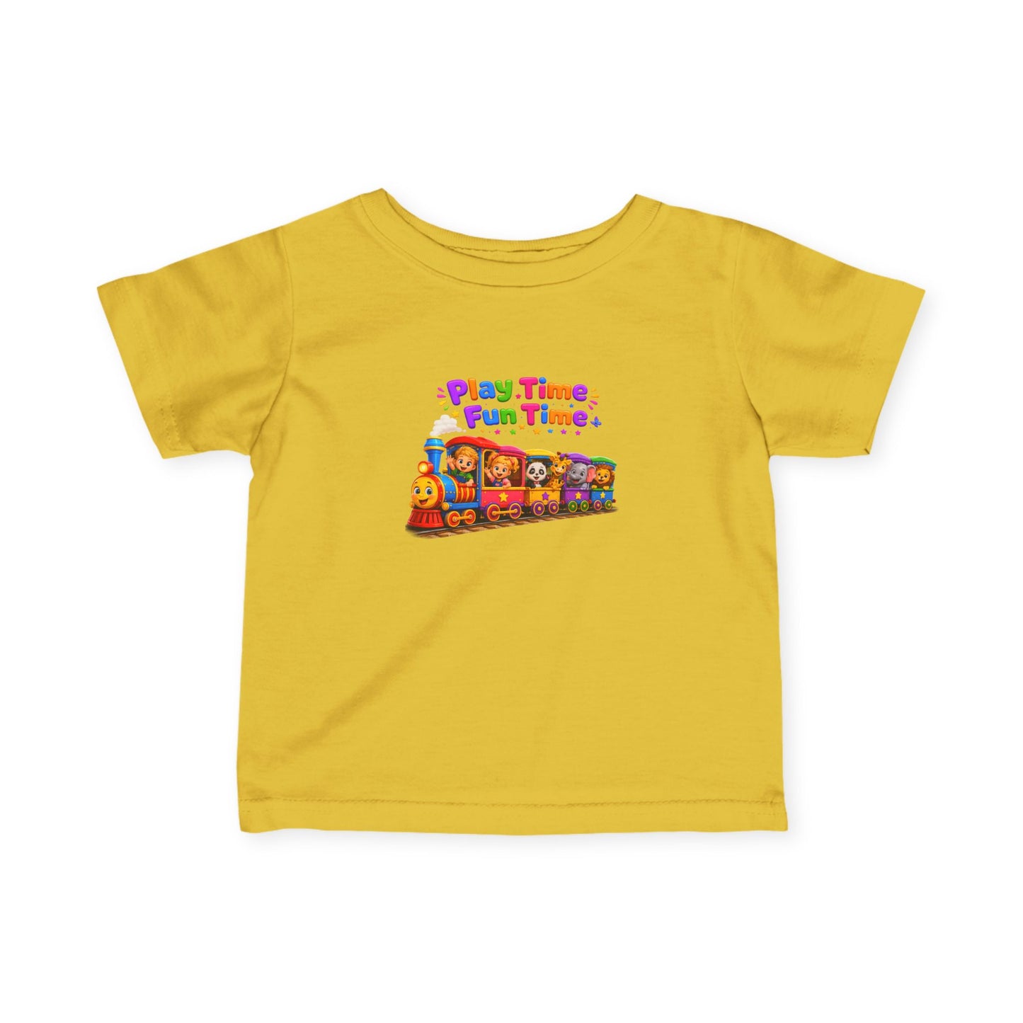 Infant Tee — "Play Time, Fun Time" Colorful Train Baby Shirt