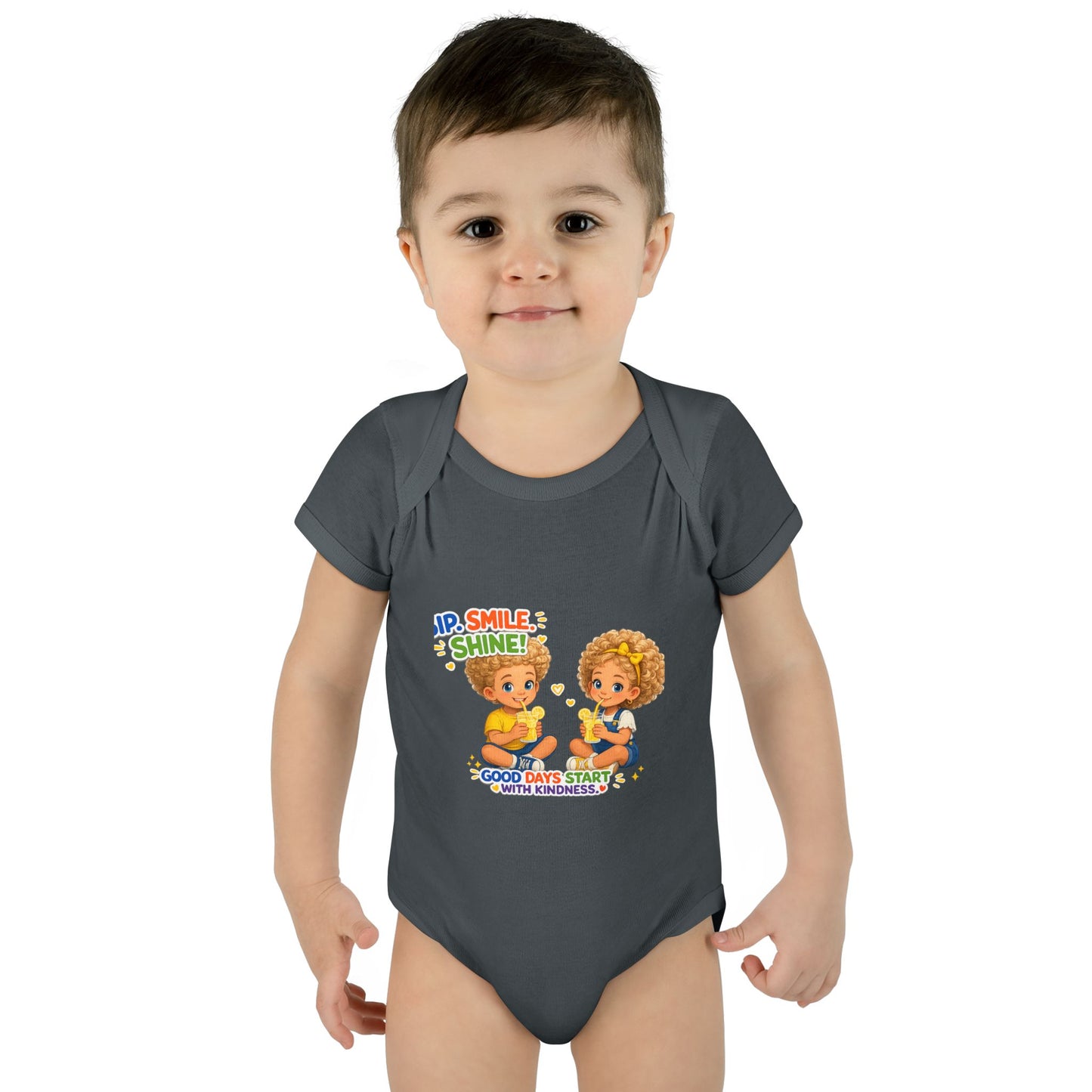 Infant Bodysuit "Rise, Smile, Shine!" Cute Kids Graphic Onesie — "Good Days Start with Kindness"
