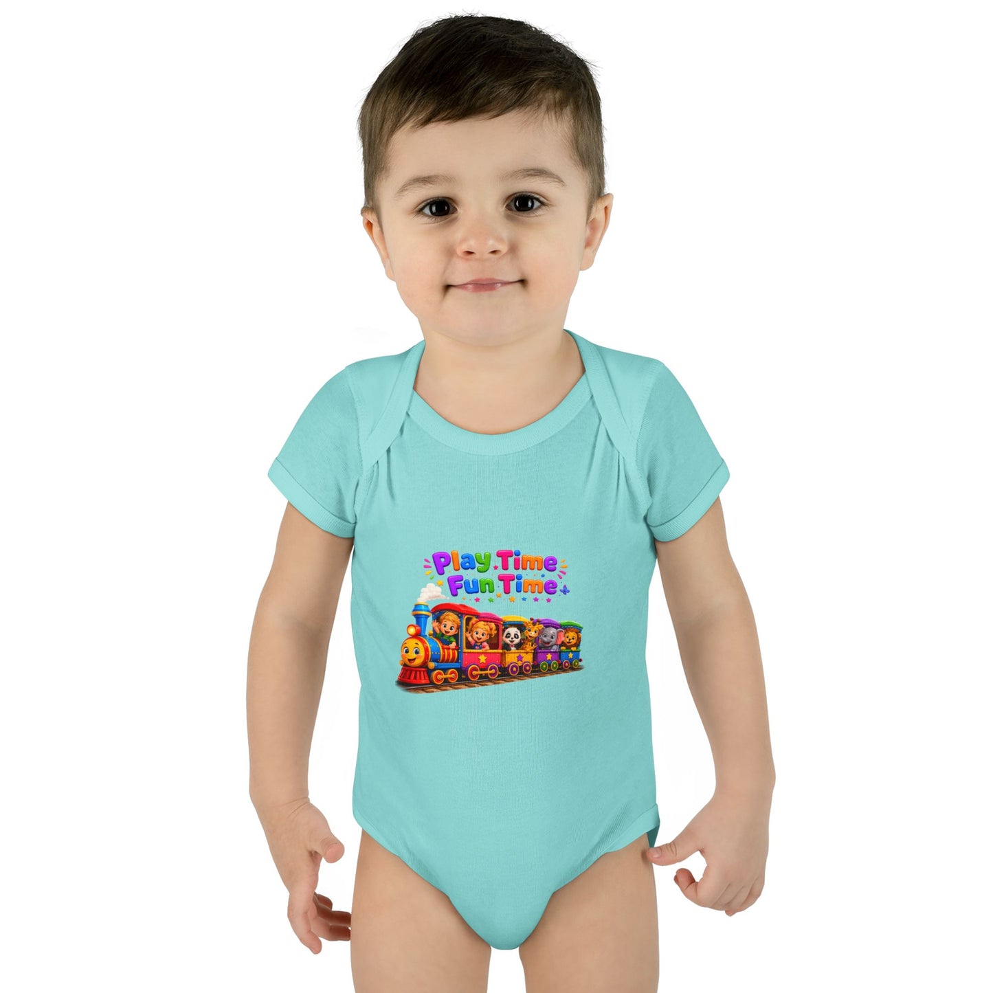 Play Time Fun Time Baby Bodysuit — Colorful Train Infant Onesie