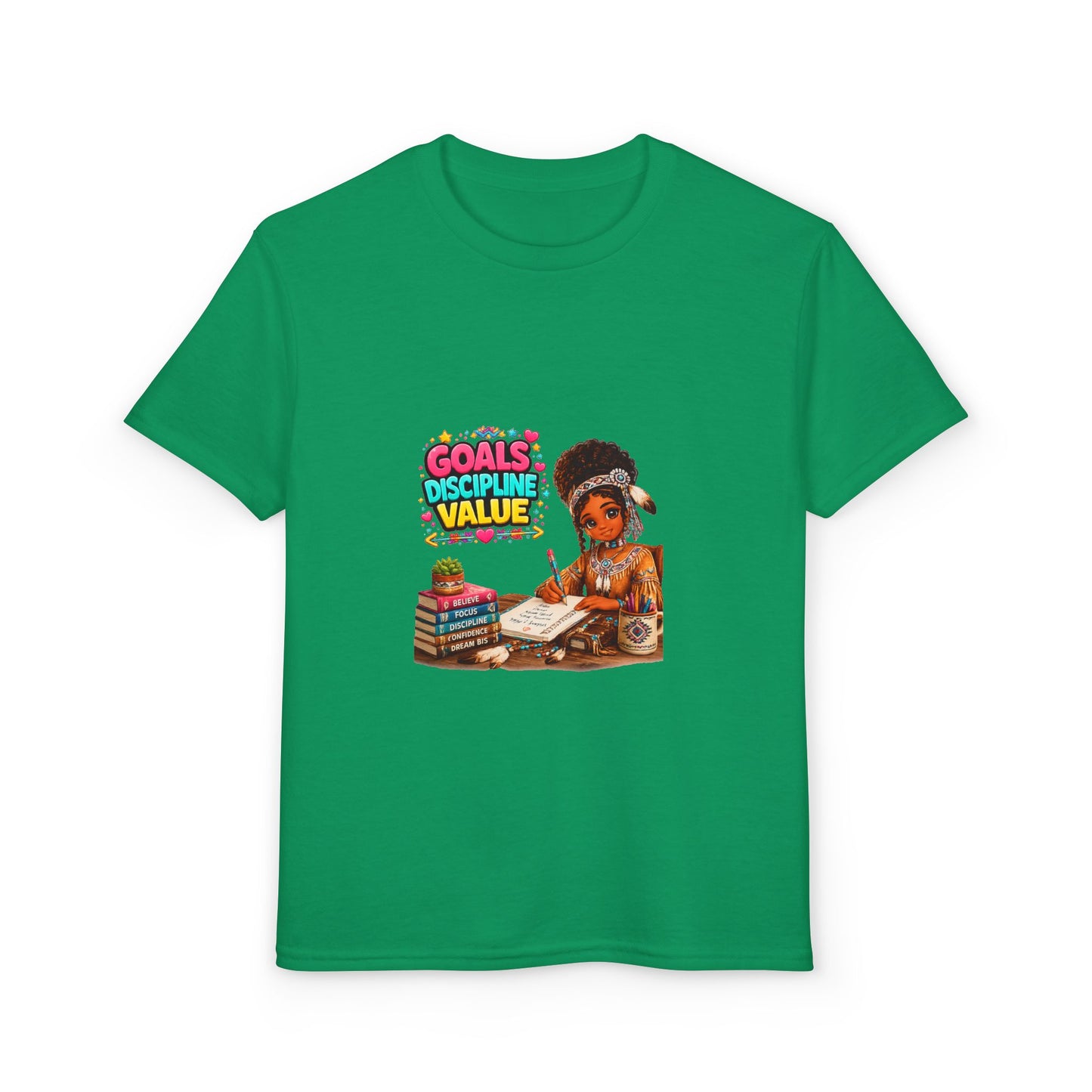 Youth T-Shirt — "Goals, Discipline, Value" Black Girl Studying Design