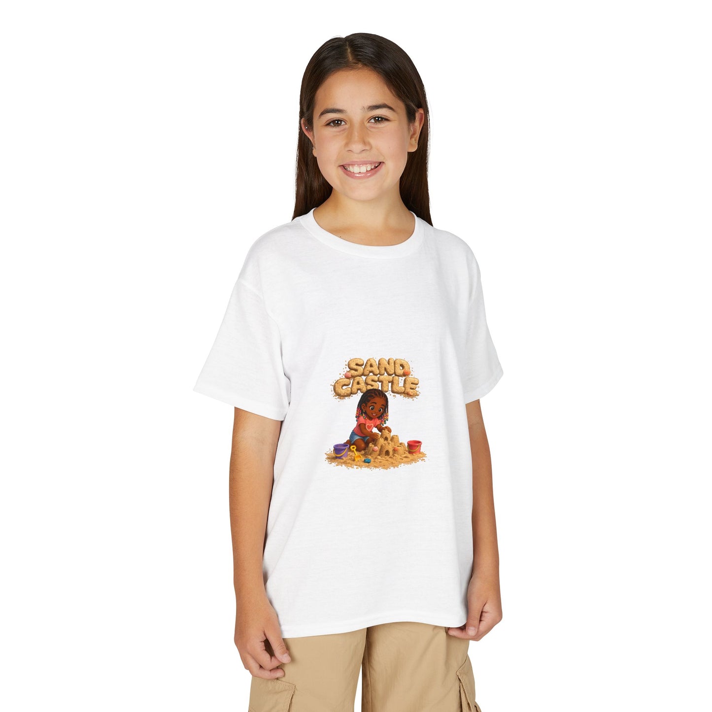 Kids "Sand Castle" Beach T‑Shirt — Cute Kid Building Sandcastle Graphic
