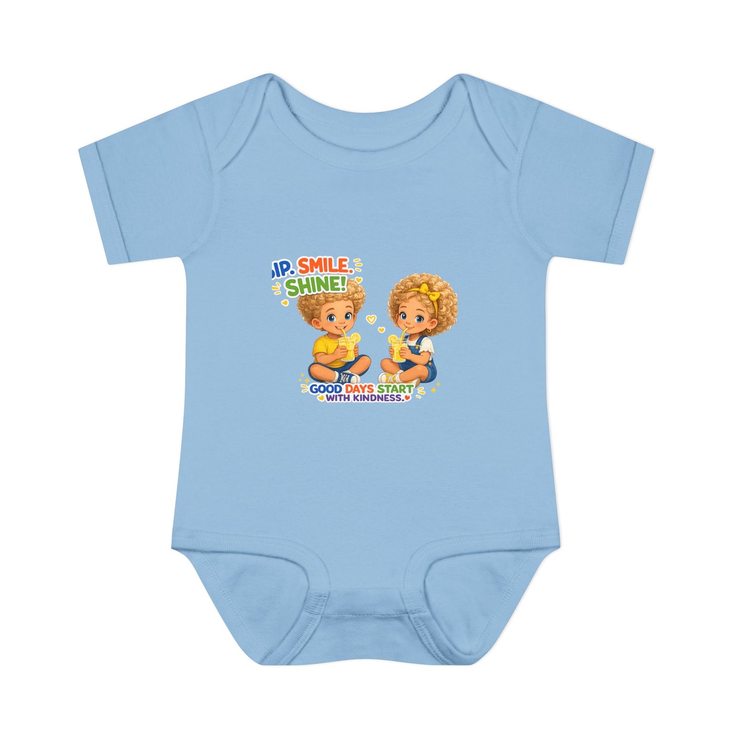 Infant Bodysuit "Rise, Smile, Shine!" Cute Kids Graphic Onesie — "Good Days Start with Kindness"