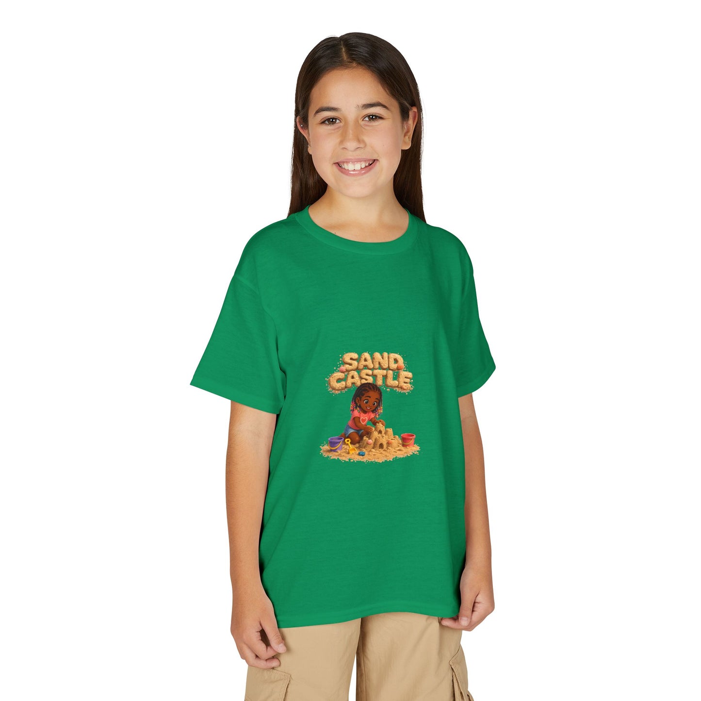 Kids "Sand Castle" Beach T‑Shirt — Cute Kid Building Sandcastle Graphic