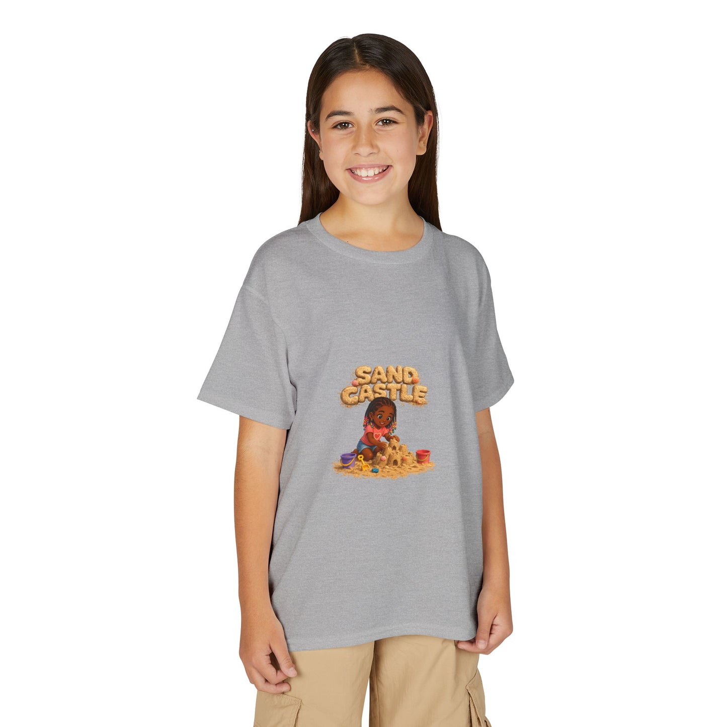 Kids "Sand Castle" Beach T‑Shirt — Cute Kid Building Sandcastle Graphic