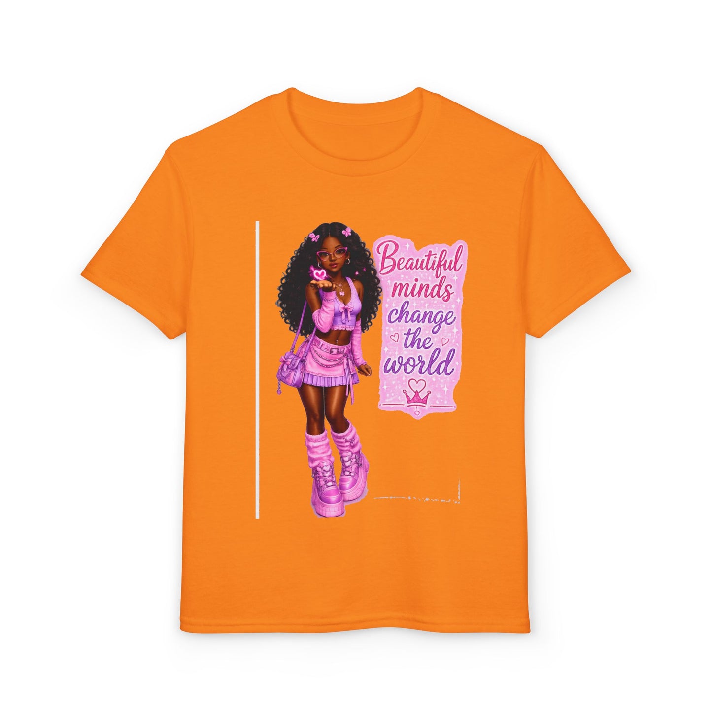 Youth T-Shirt — "Beautiful Minds Change the World" Pink Afro Girl Empowerment Tee