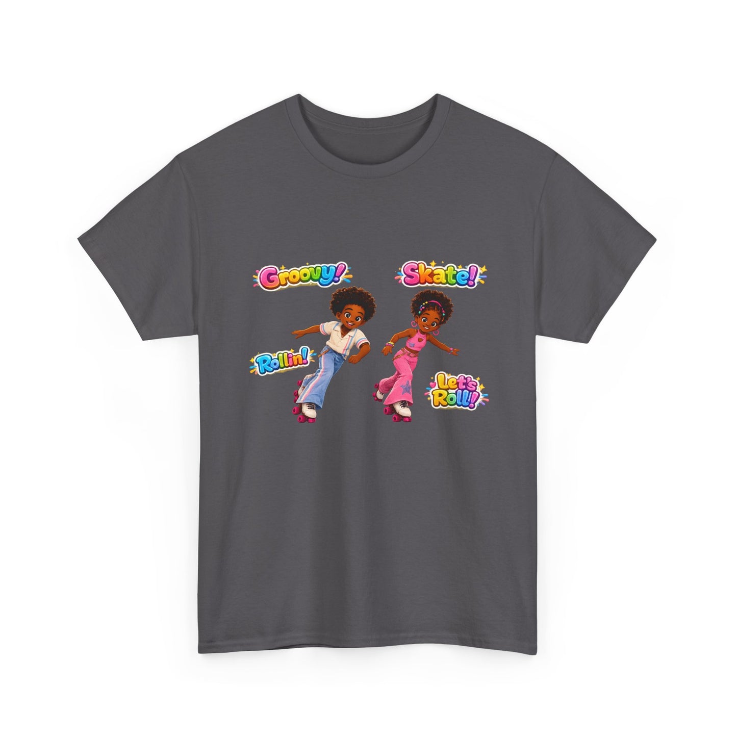 Retro Roller Skating Kids Tee — 'Groovy! Skate!' Colorful 70s-Inspired Shirt