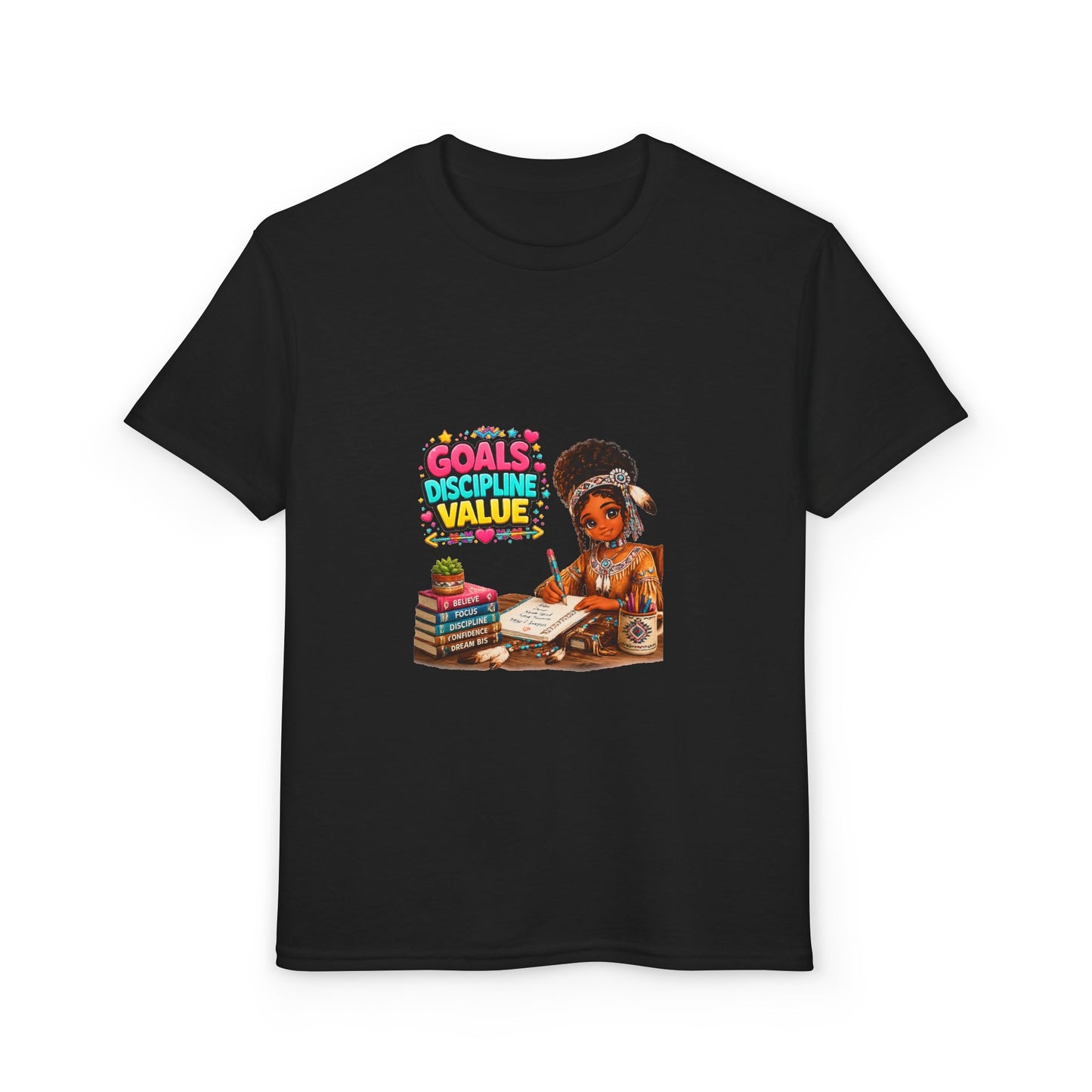 Youth T-Shirt — "Goals, Discipline, Value" Black Girl Studying Design