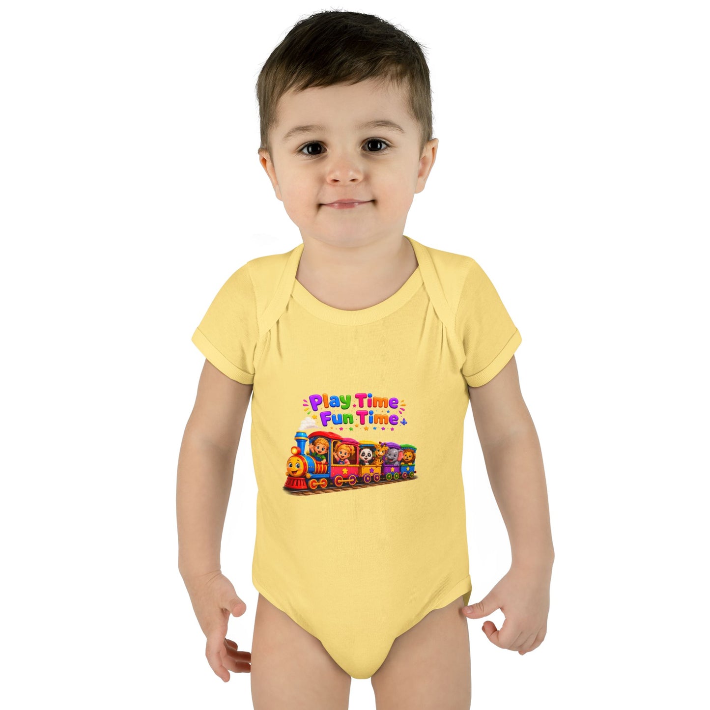 Play Time Fun Time Baby Bodysuit — Colorful Train Infant Onesie