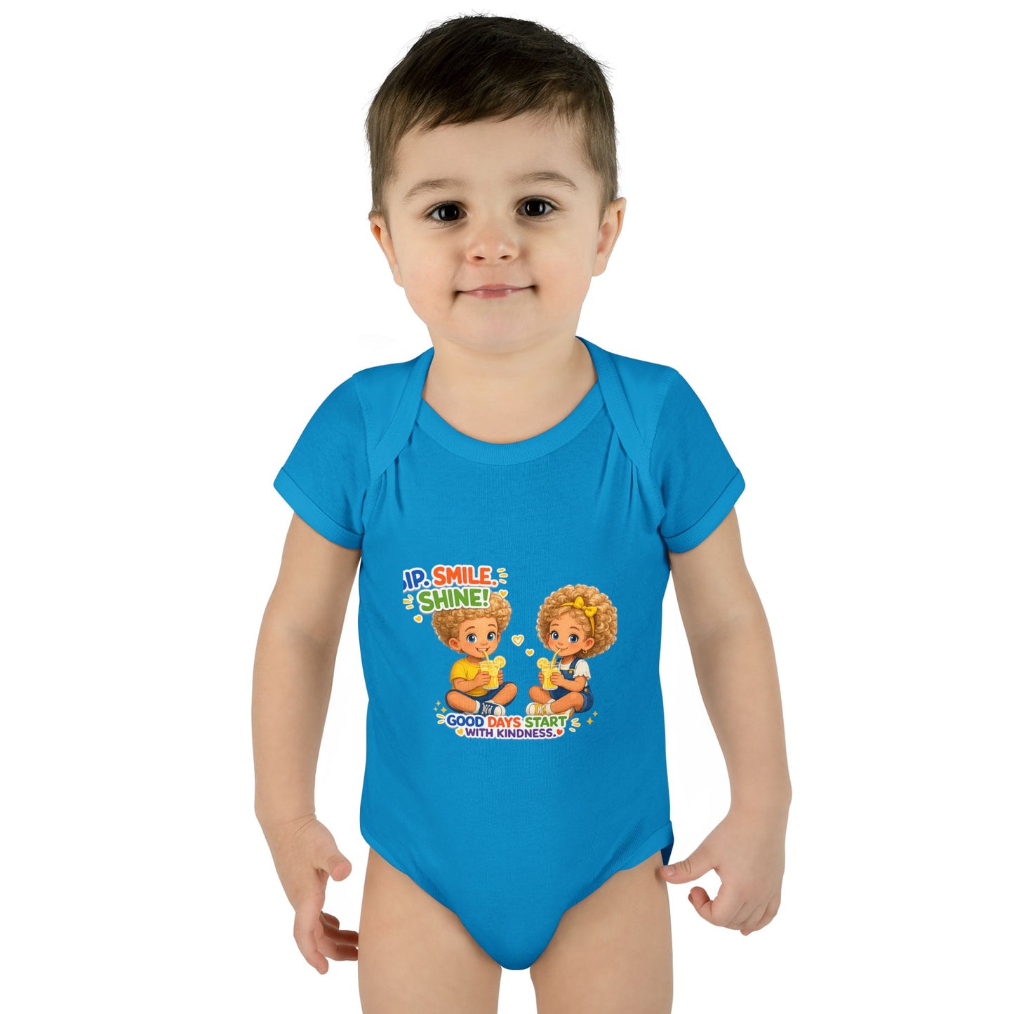 Infant Bodysuit "Rise, Smile, Shine!" Cute Kids Graphic Onesie — "Good Days Start with Kindness"