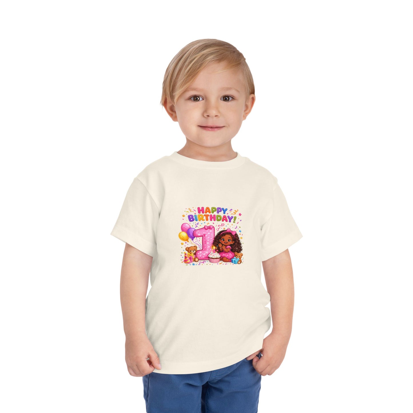 Happy 1st Birthday Toddler Tee — Cute Girl, Balloons & Cake
