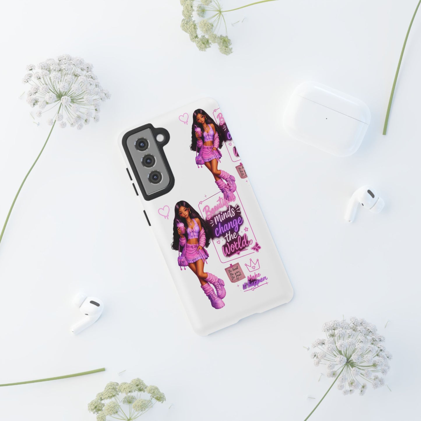 Empowerment Girl Phone Case — "Minds Change the World" Pink Aesthetic Protective Cover