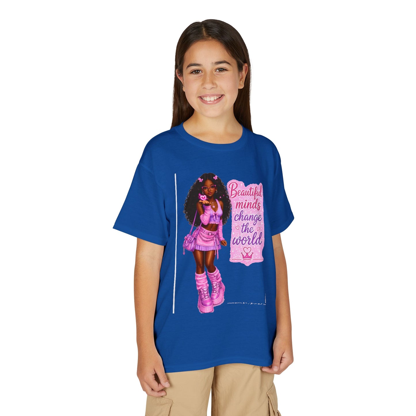Youth T-Shirt — "Beautiful Minds Change the World" Pink Afro Girl Empowerment Tee