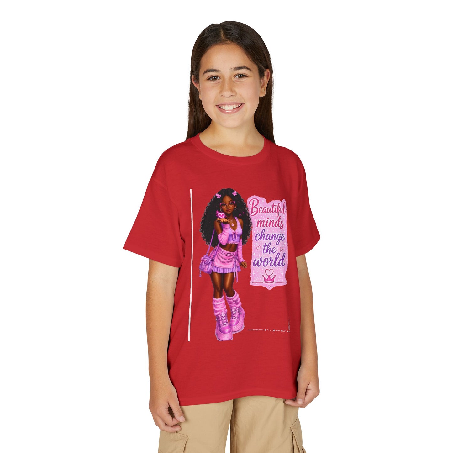 Youth T-Shirt — "Beautiful Minds Change the World" Pink Afro Girl Empowerment Tee