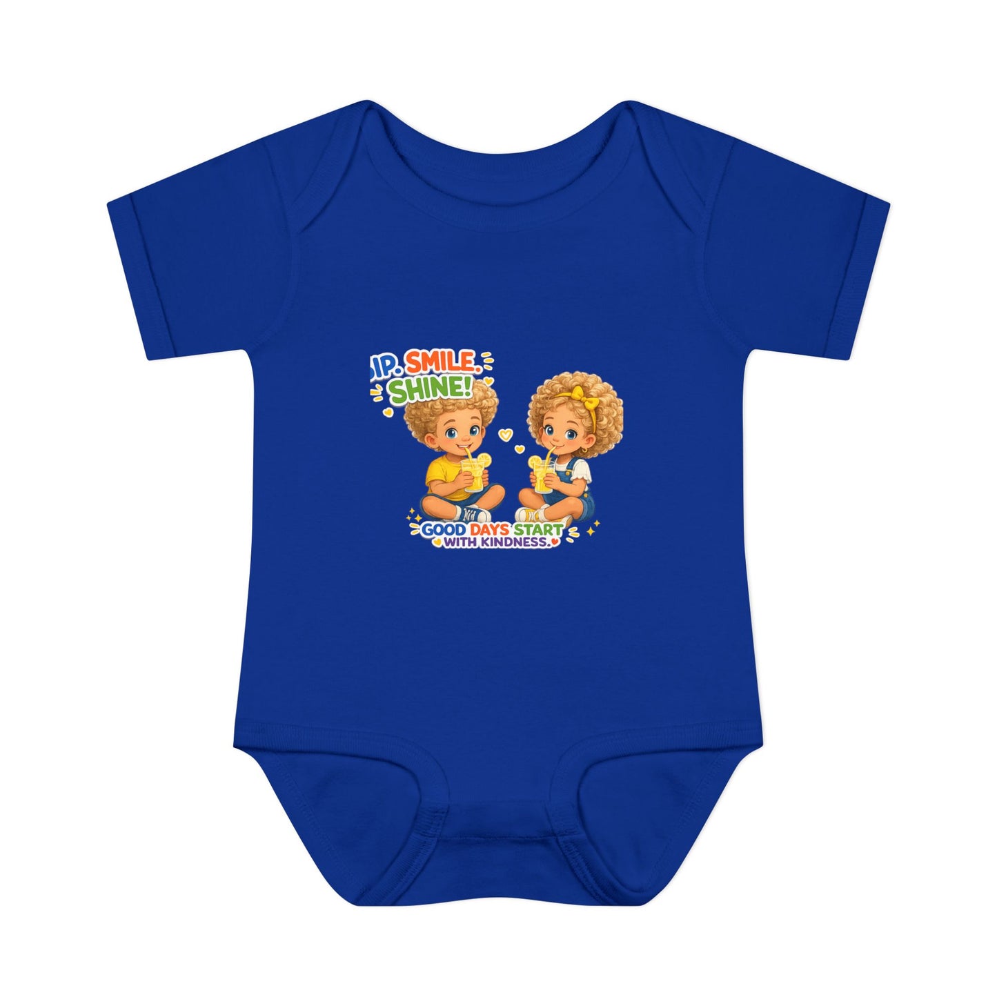 Infant Bodysuit "Rise, Smile, Shine!" Cute Kids Graphic Onesie — "Good Days Start with Kindness"