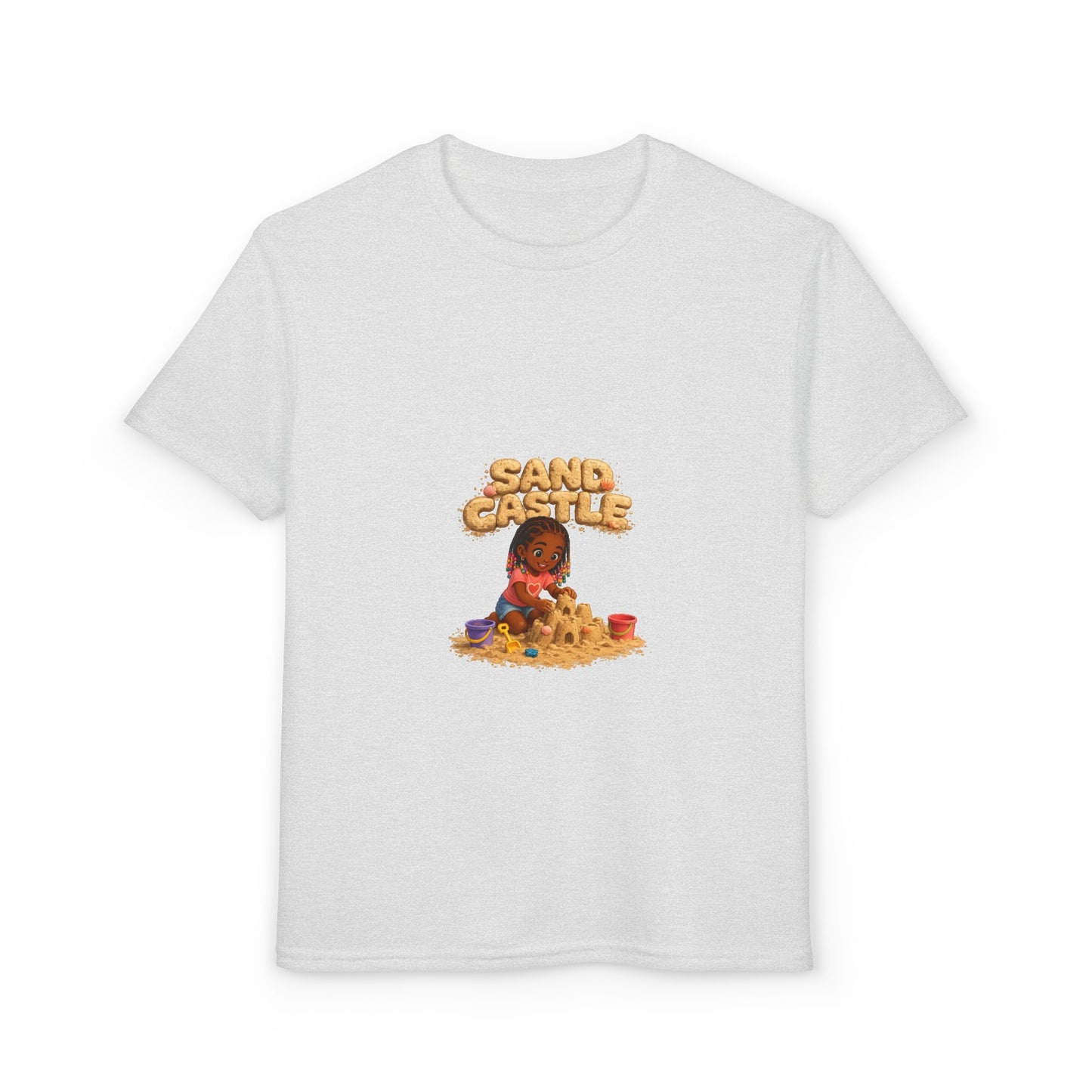 Kids "Sand Castle" Beach T‑Shirt — Cute Kid Building Sandcastle Graphic