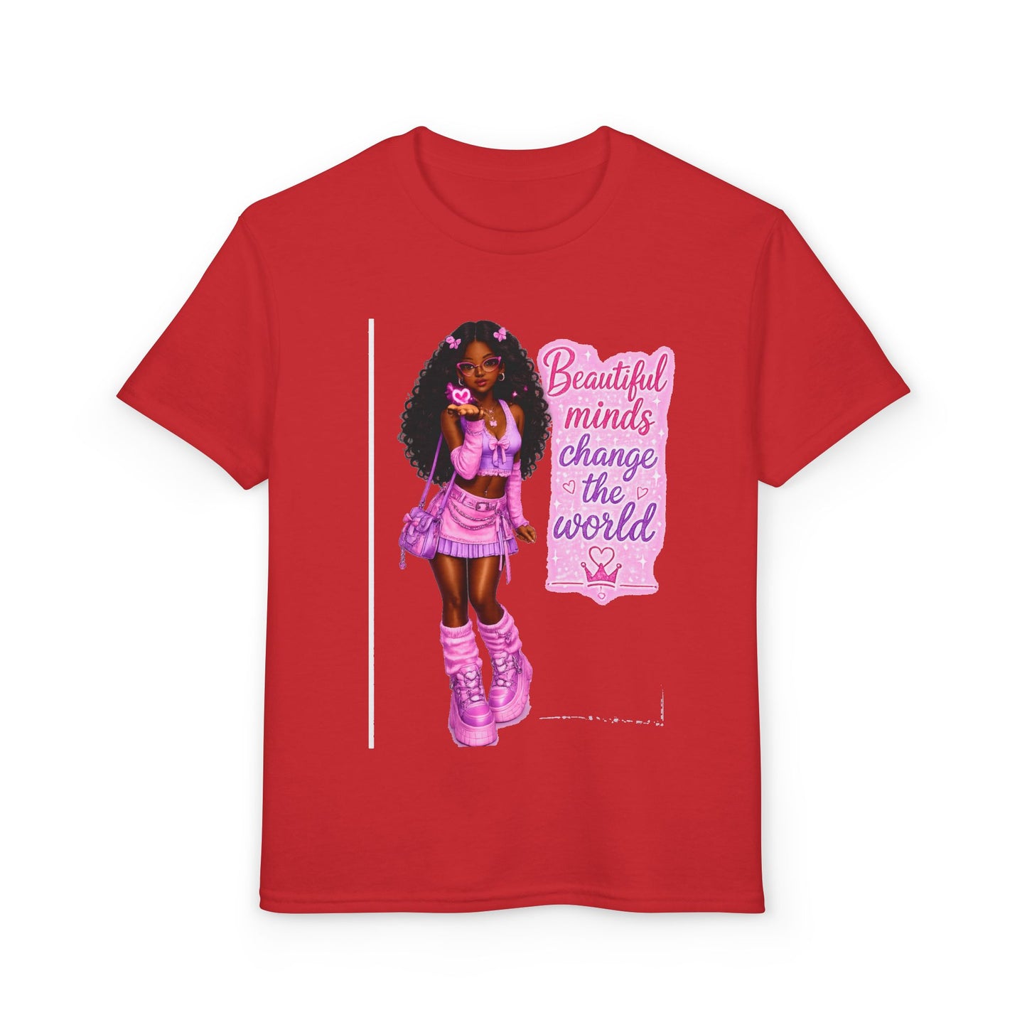 Youth T-Shirt — "Beautiful Minds Change the World" Pink Afro Girl Empowerment Tee