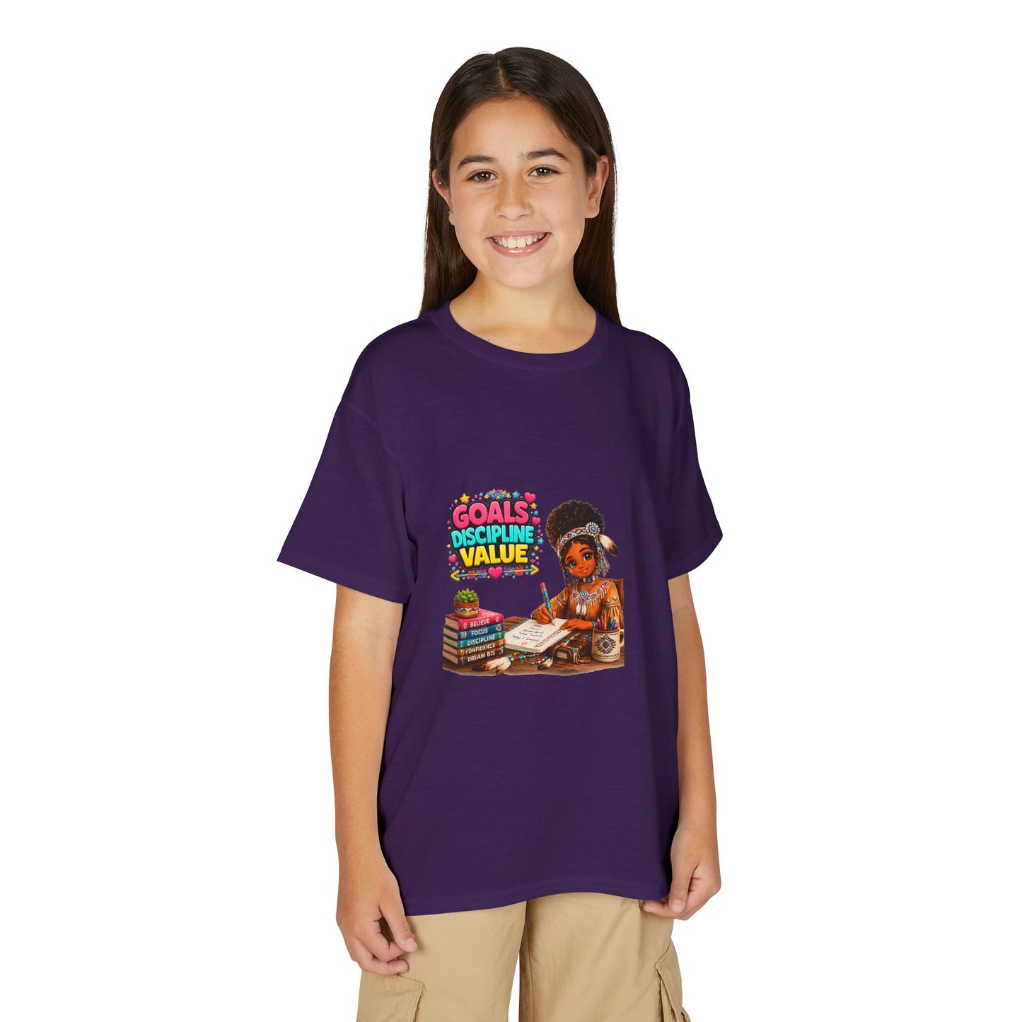 Youth T-Shirt — "Goals, Discipline, Value" Black Girl Studying Design