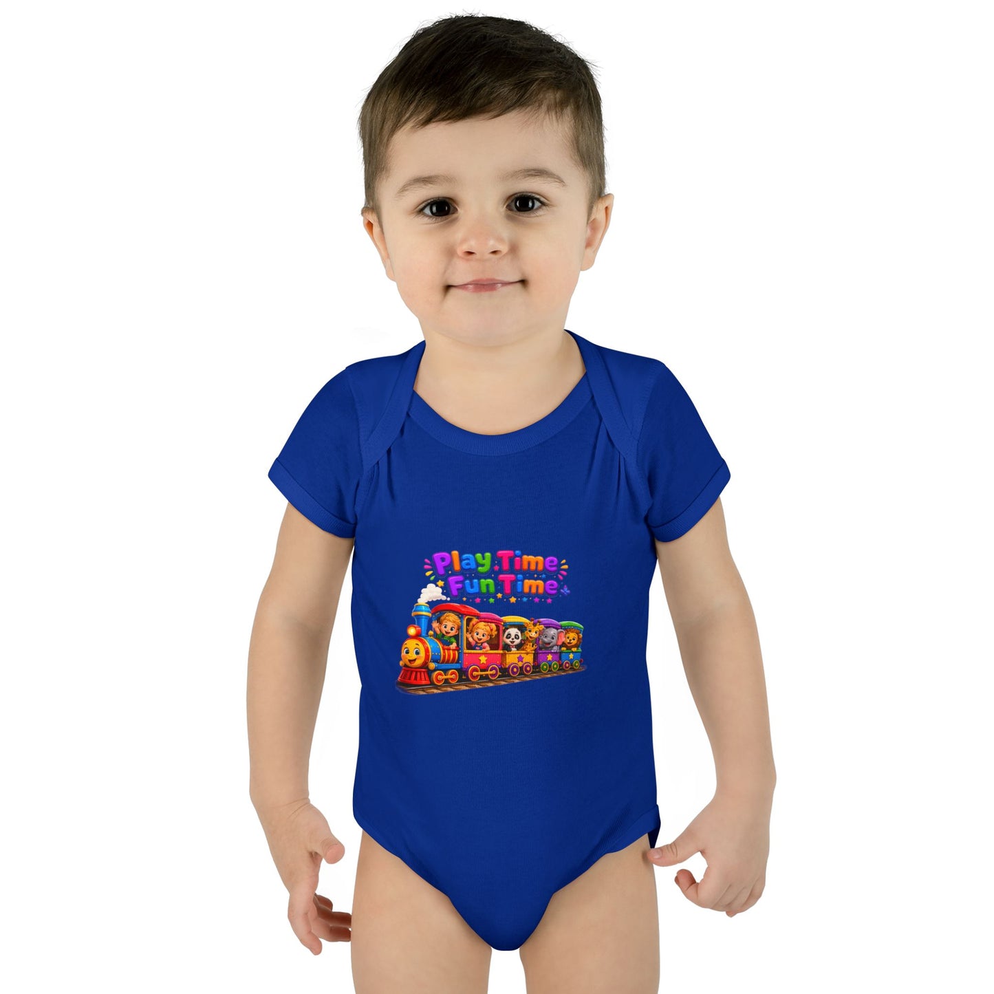 Play Time Fun Time Baby Bodysuit — Colorful Train Infant Onesie