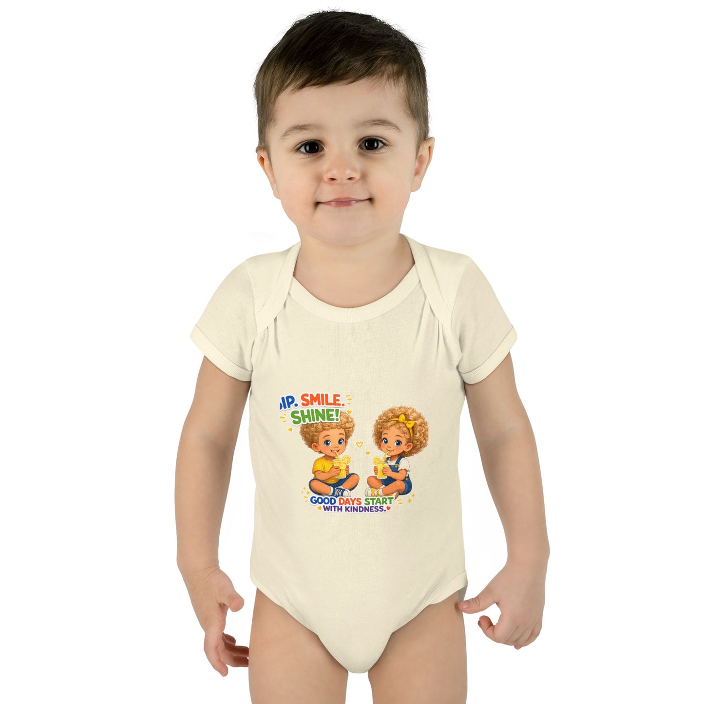 Infant Bodysuit "Rise, Smile, Shine!" Cute Kids Graphic Onesie — "Good Days Start with Kindness"