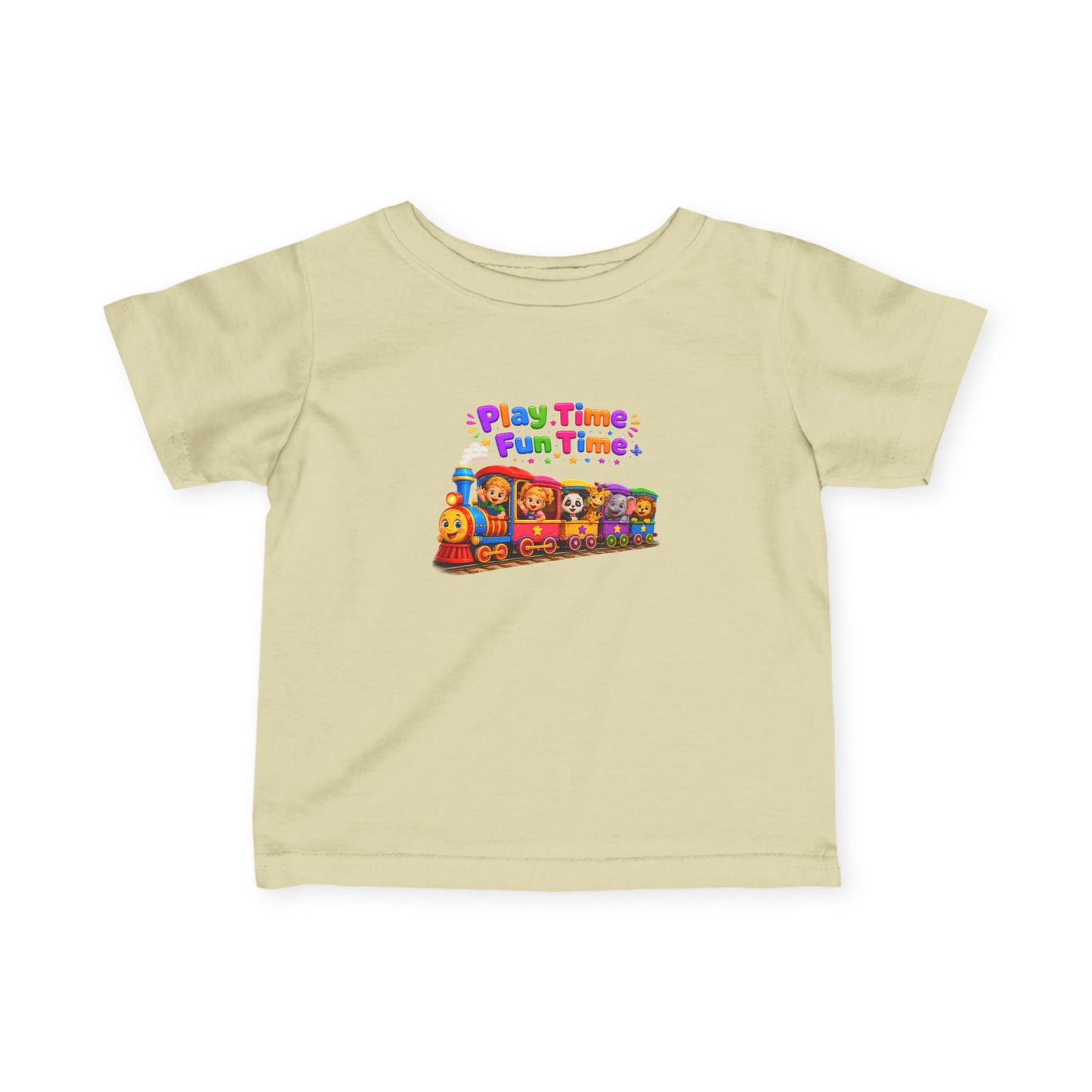 Infant Tee — "Play Time, Fun Time" Colorful Train Baby Shirt