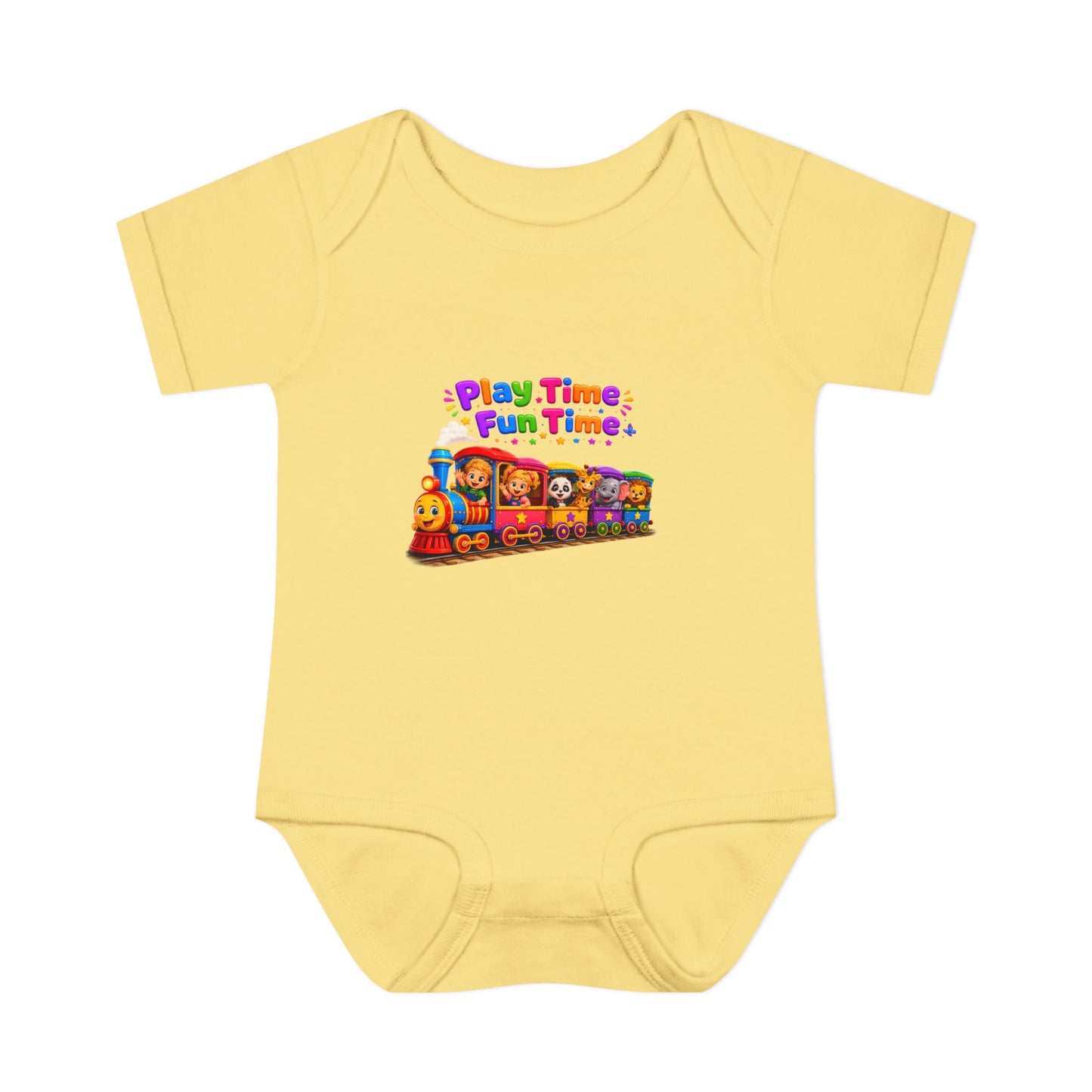 Play Time Fun Time Baby Bodysuit — Colorful Train Infant Onesie